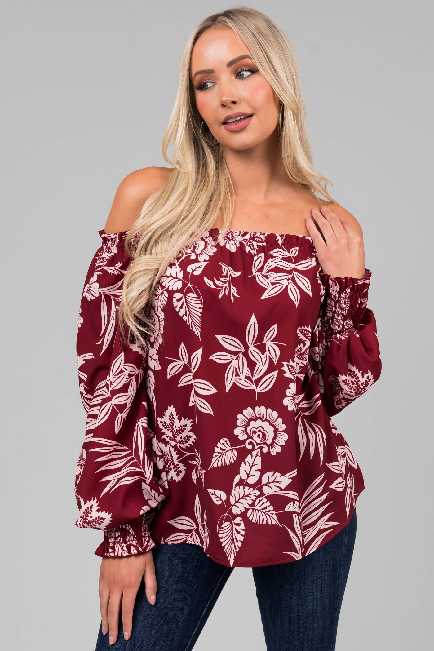 Maroon Off the Shoulder Floral Print Blouse