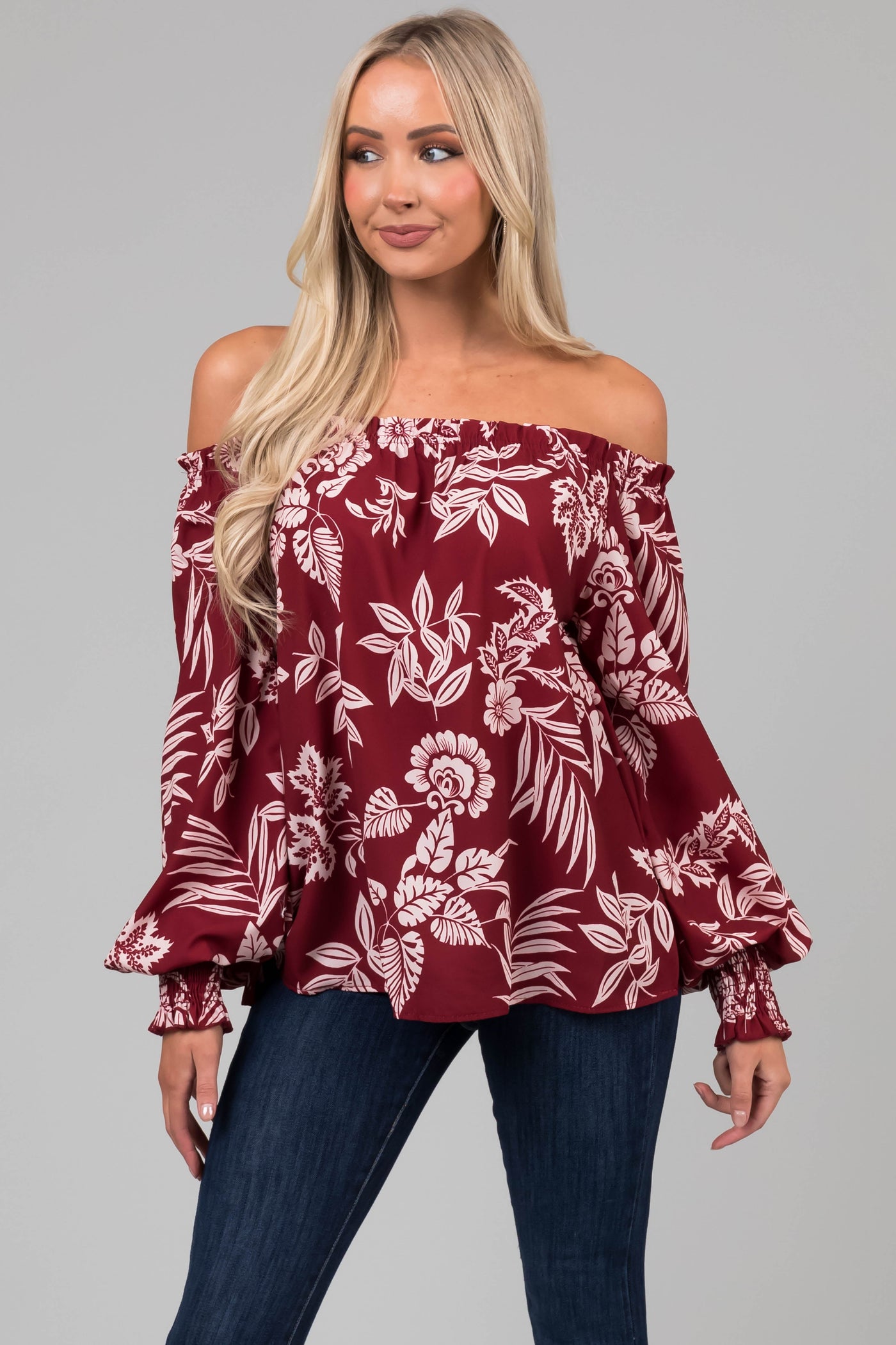 Maroon Off the Shoulder Floral Print Blouse