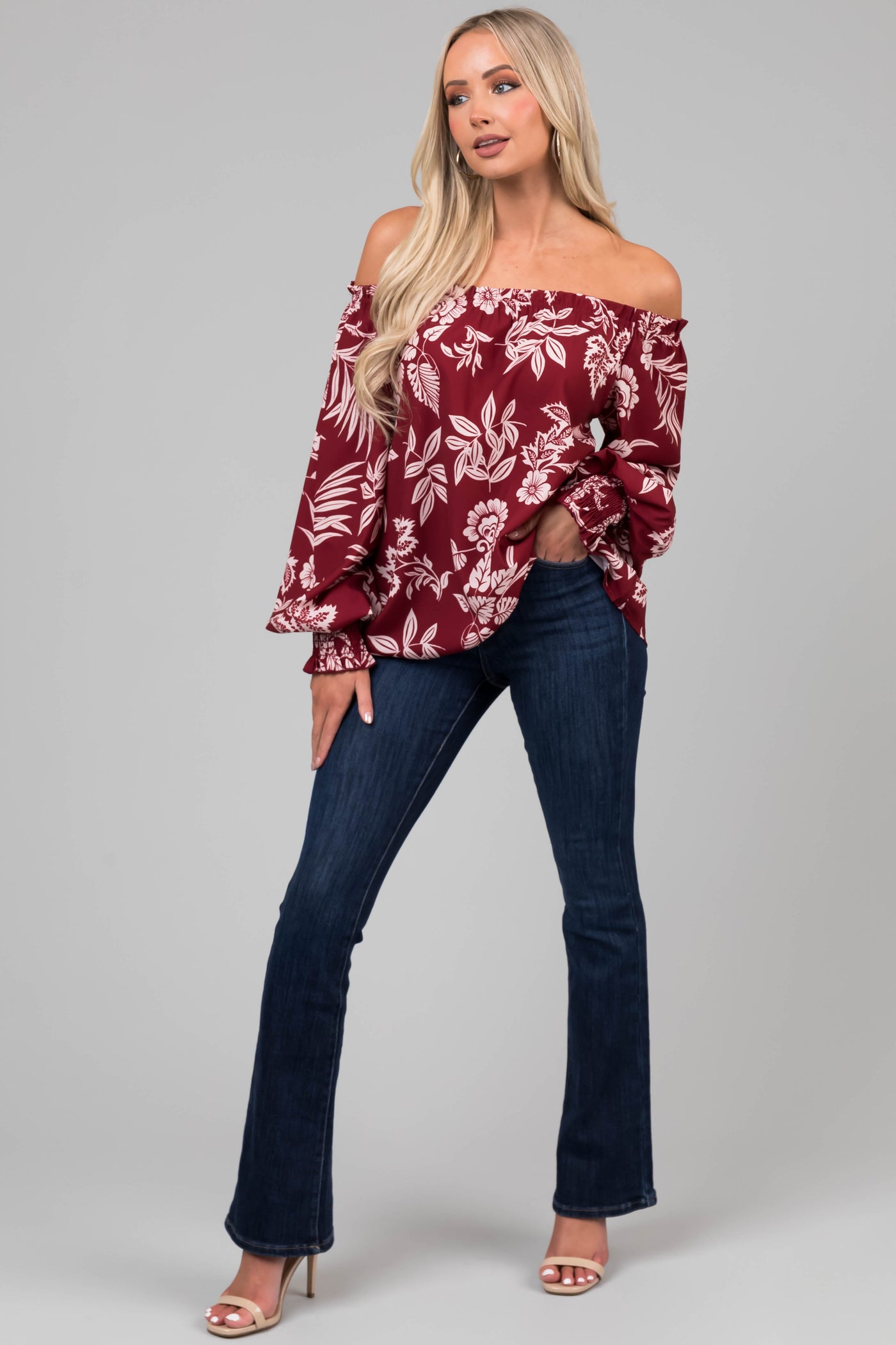 Maroon Off the Shoulder Floral Print Blouse
