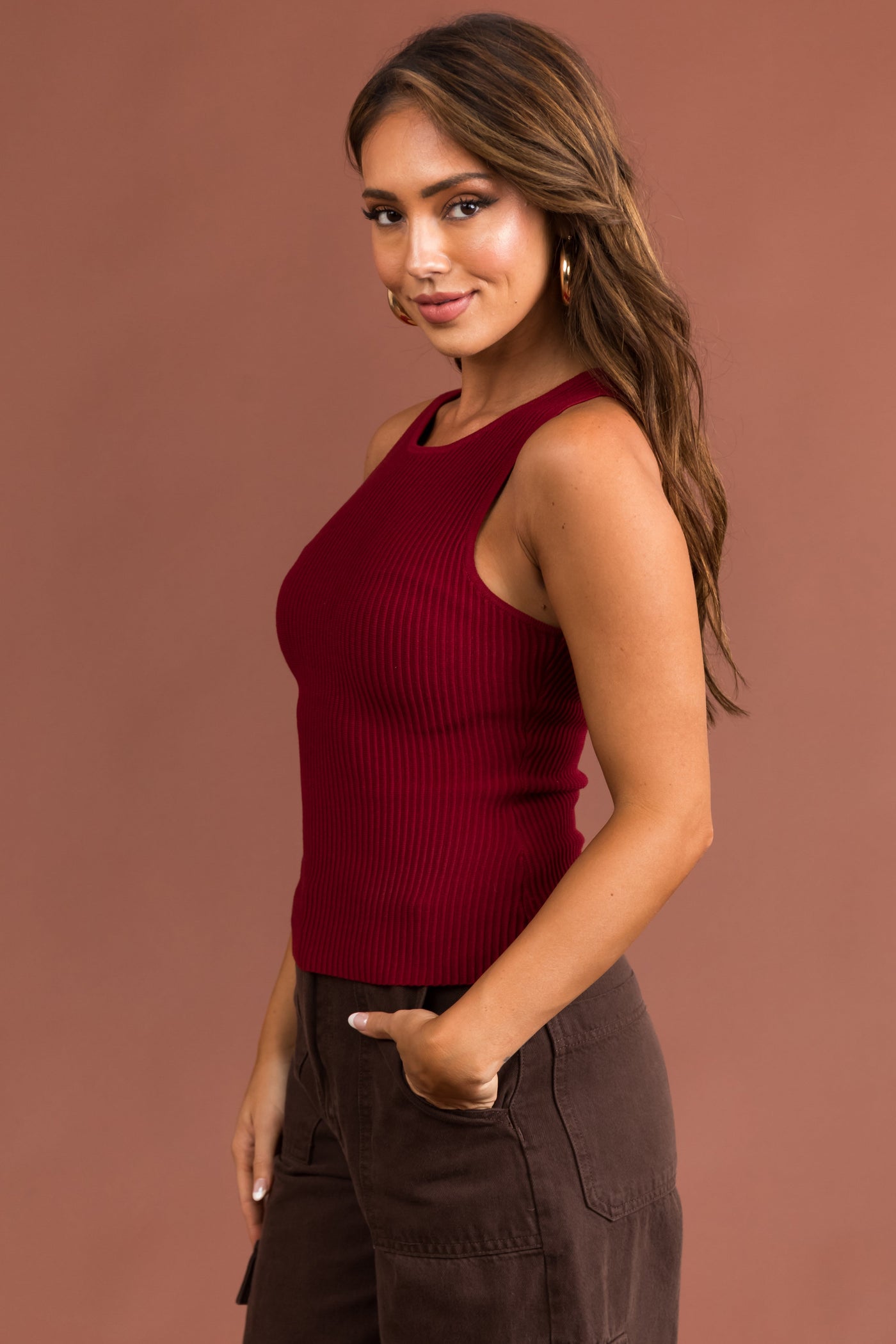 Maroon Ribbed Knit Fitted Sleeveless Top