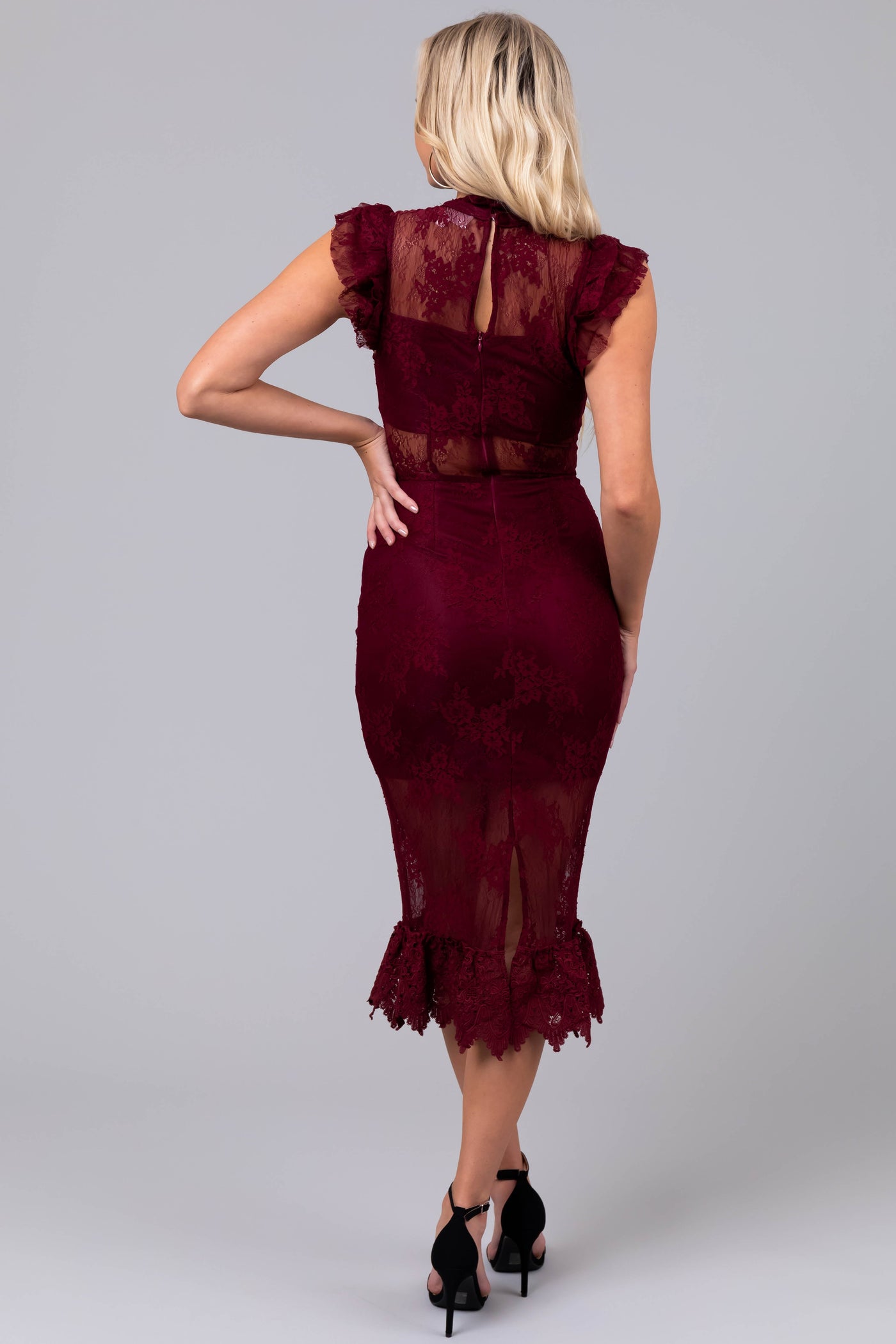 Maroon Sheer Floral Lace Ruffle Midi Dress