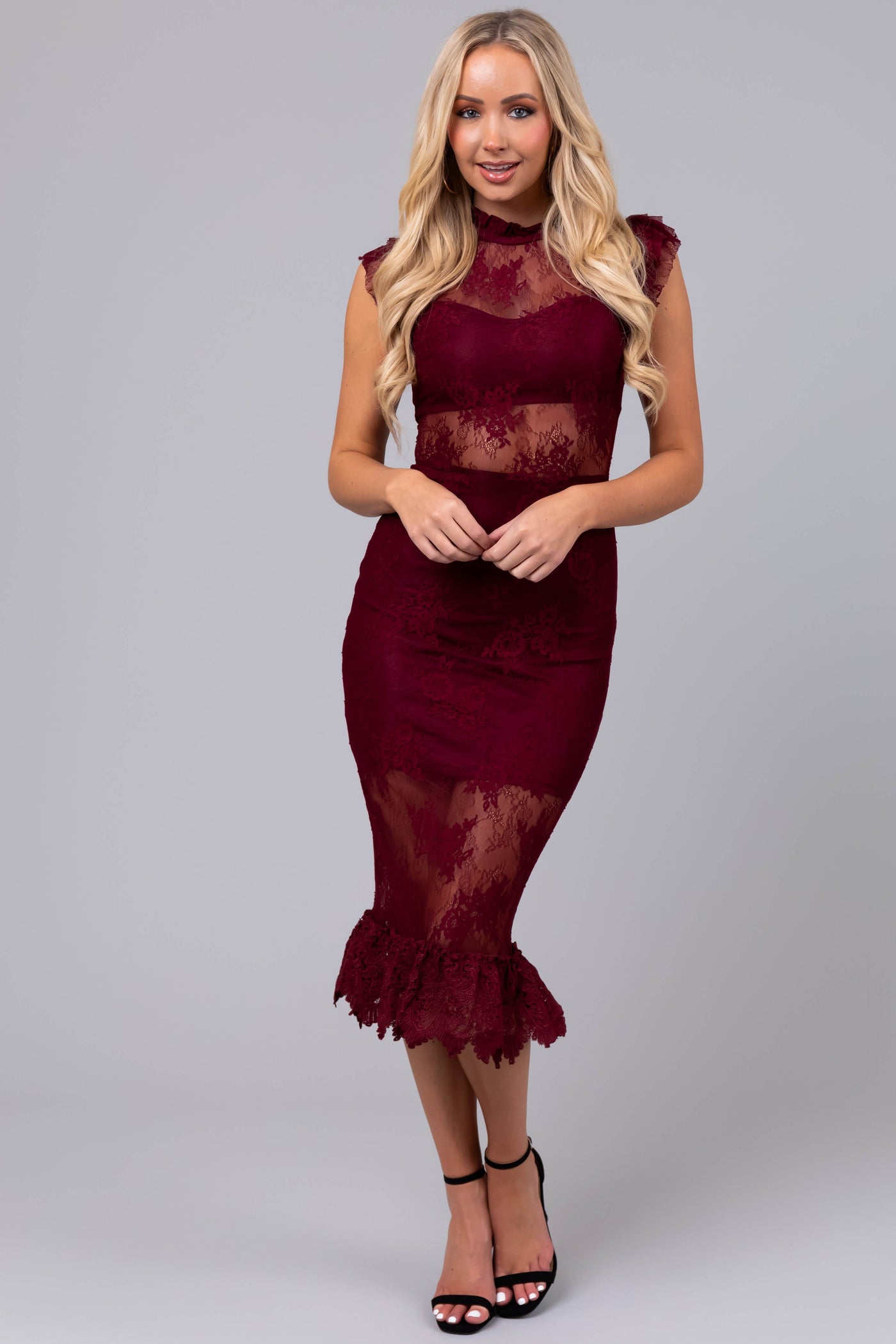 Maroon Sheer Floral Lace Ruffle Midi Dress