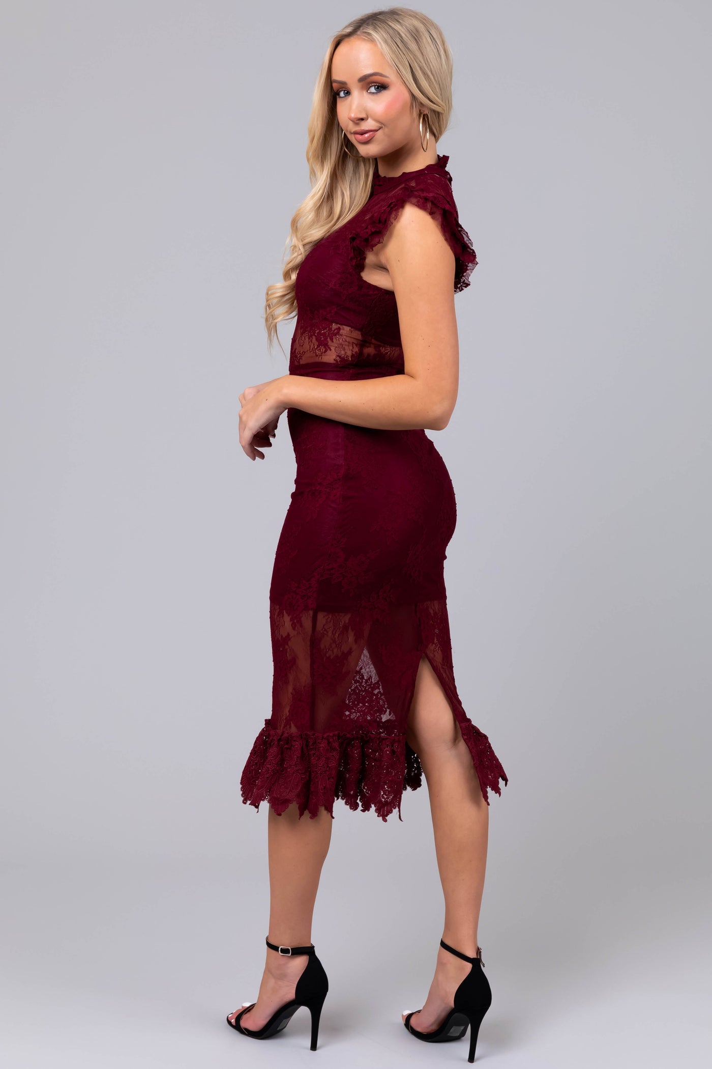 Maroon Sheer Floral Lace Ruffle Midi Dress