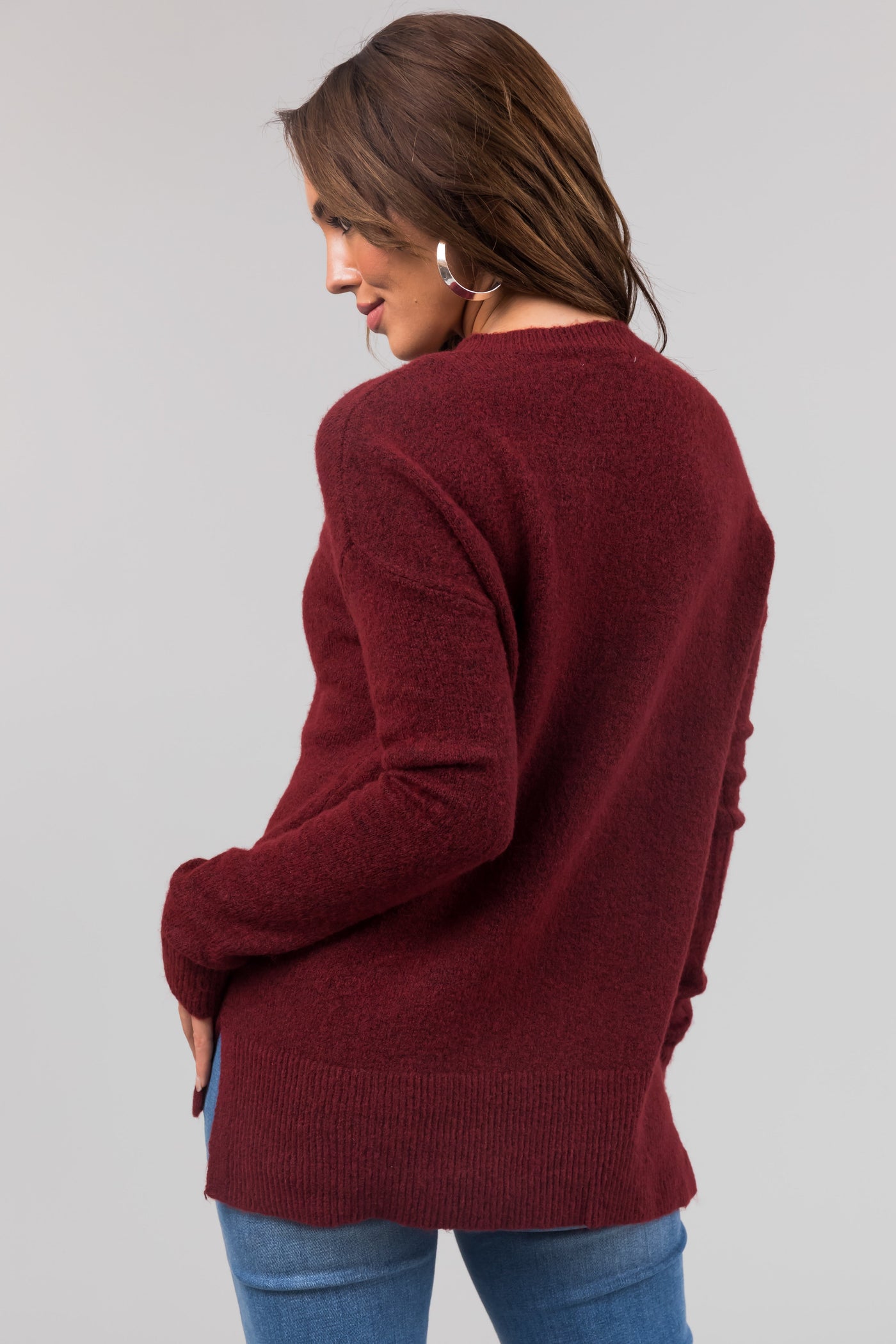 Maroon Two Tone Crew Neck Relaxed Sweater