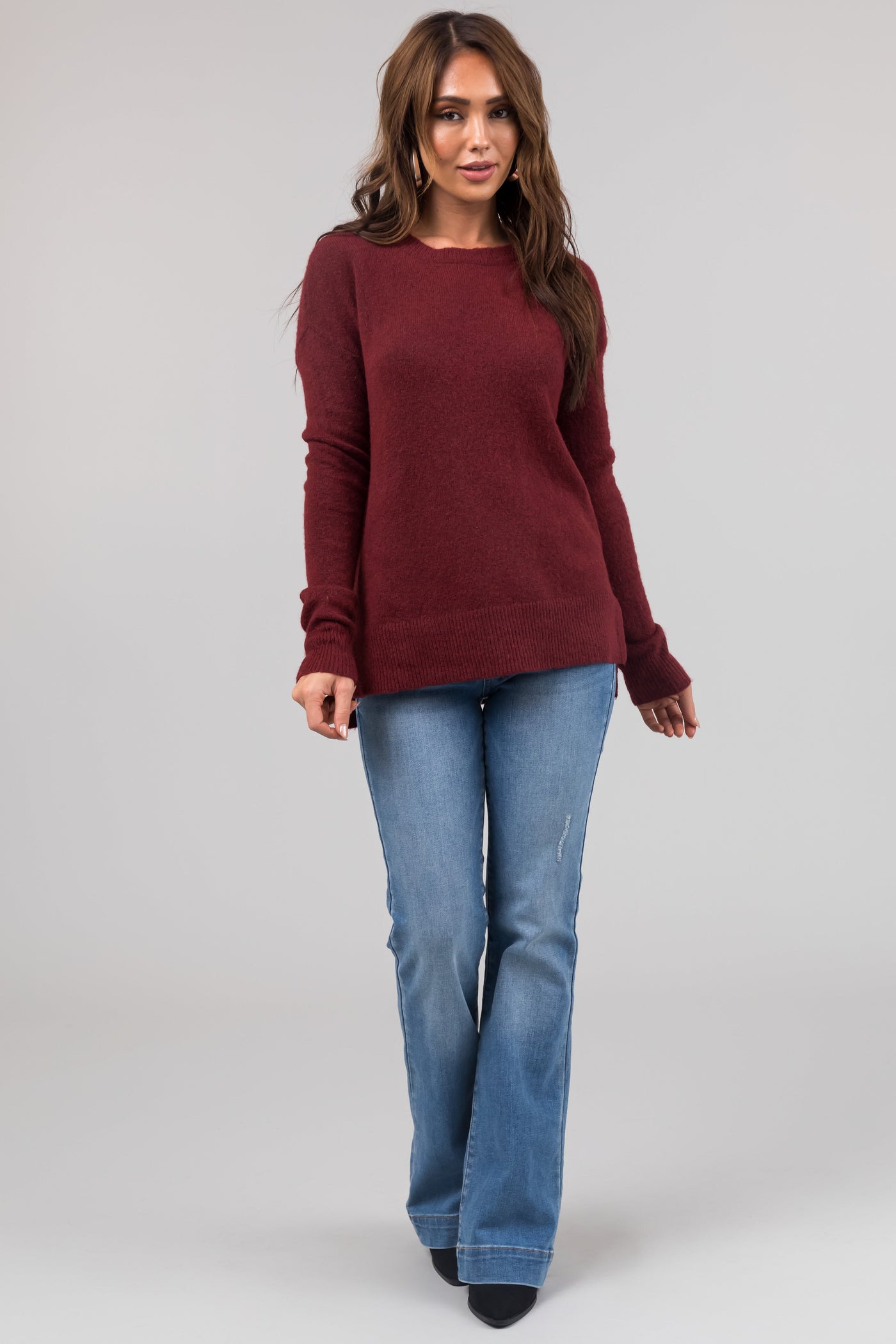 Maroon Two Tone Crew Neck Relaxed Sweater