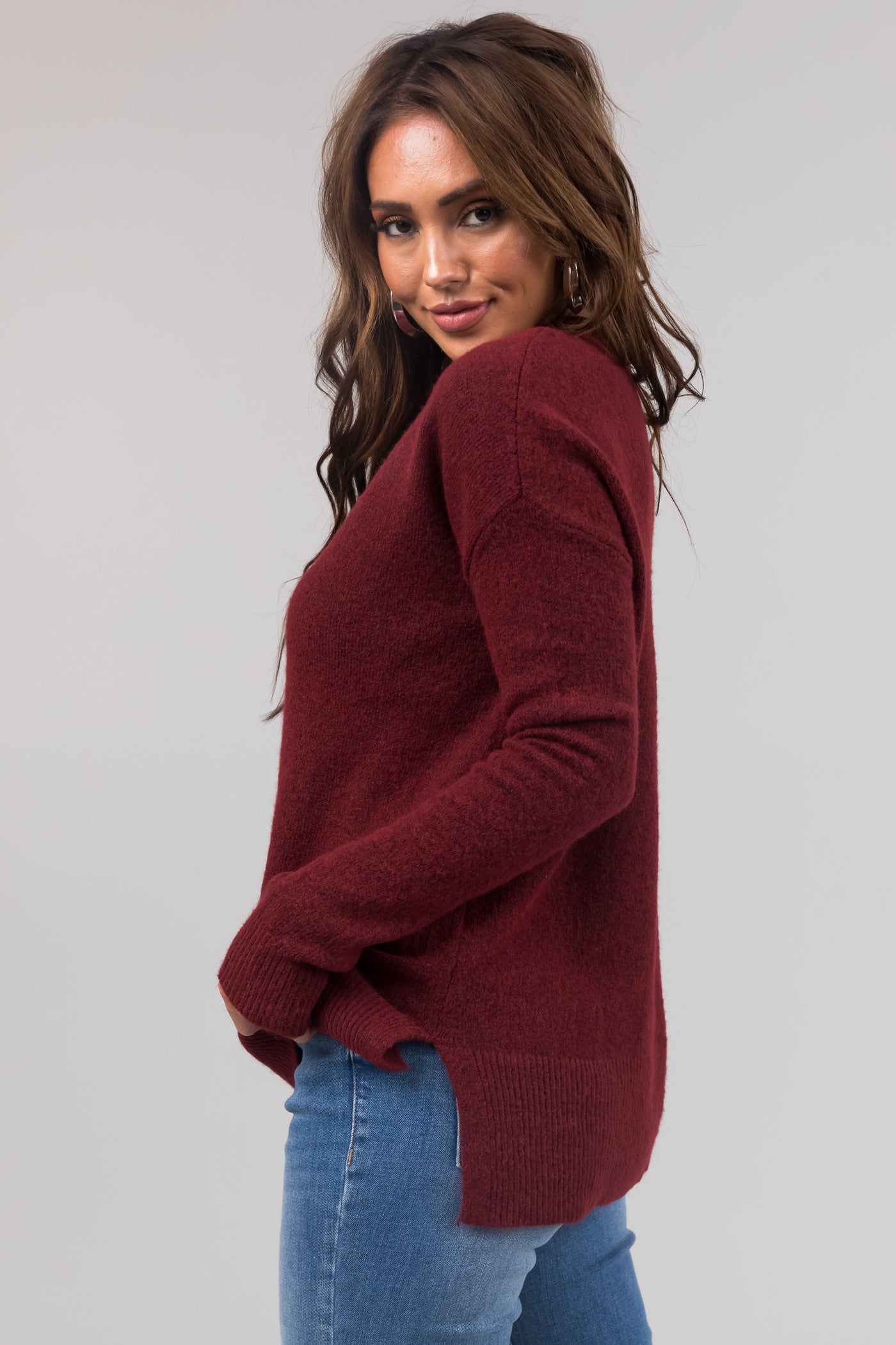Maroon Two Tone Crew Neck Relaxed Sweater