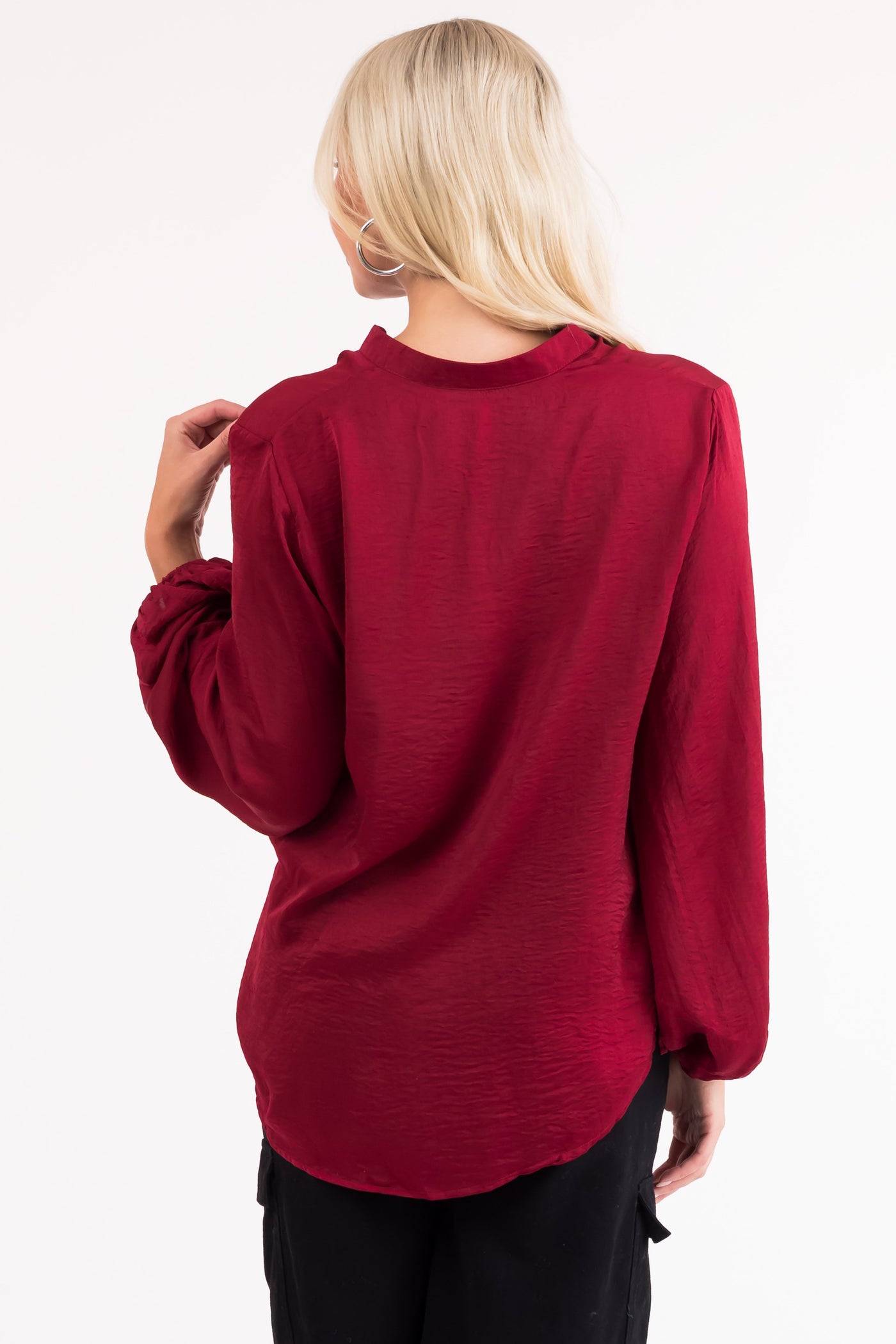 Maroon V Neck Long Sleeve Satin Top