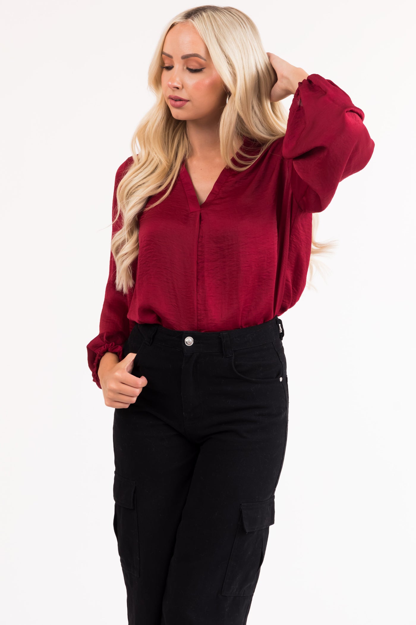 Maroon V Neck Long Sleeve Satin Top