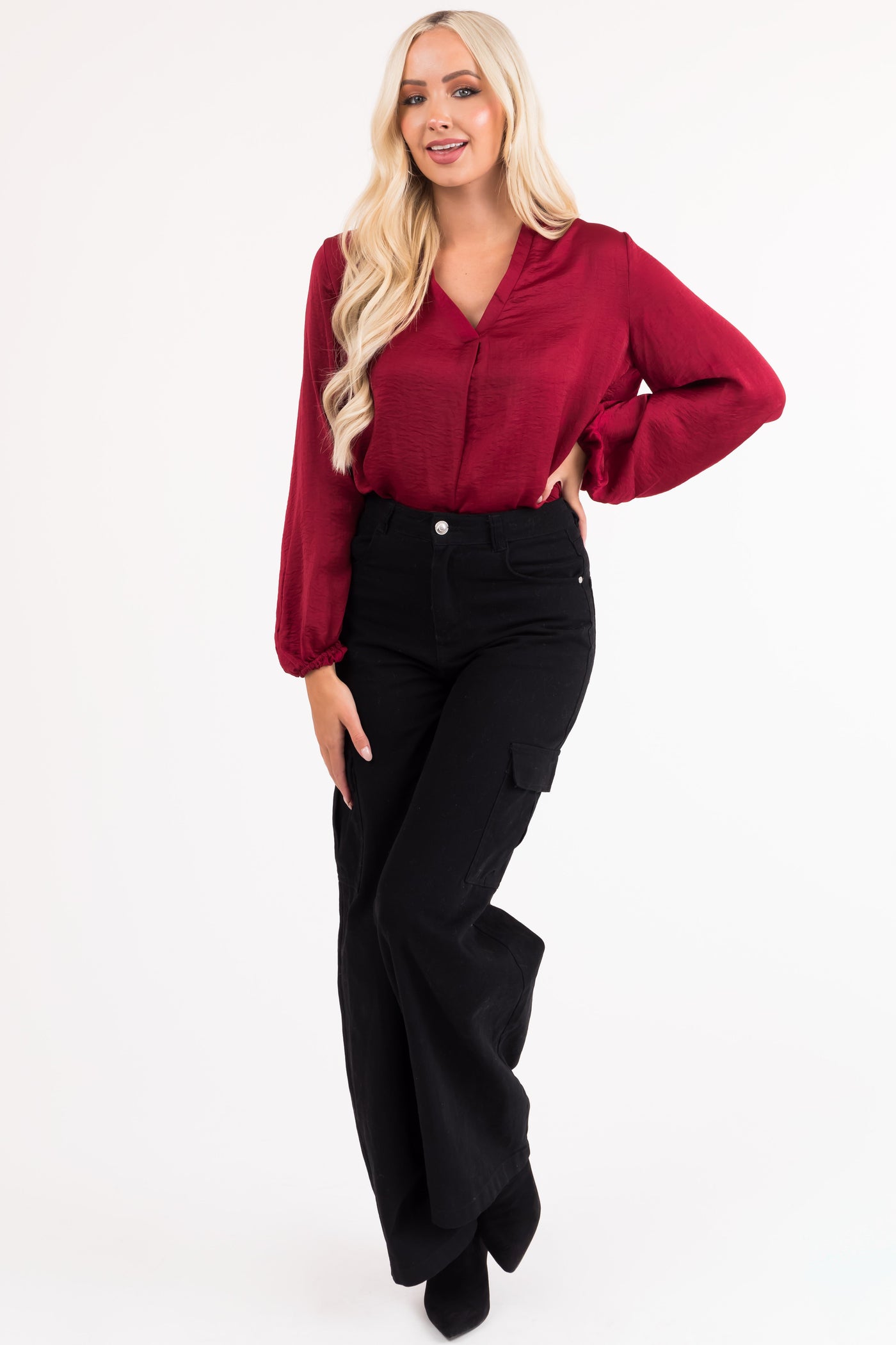 Maroon V Neck Long Sleeve Satin Top