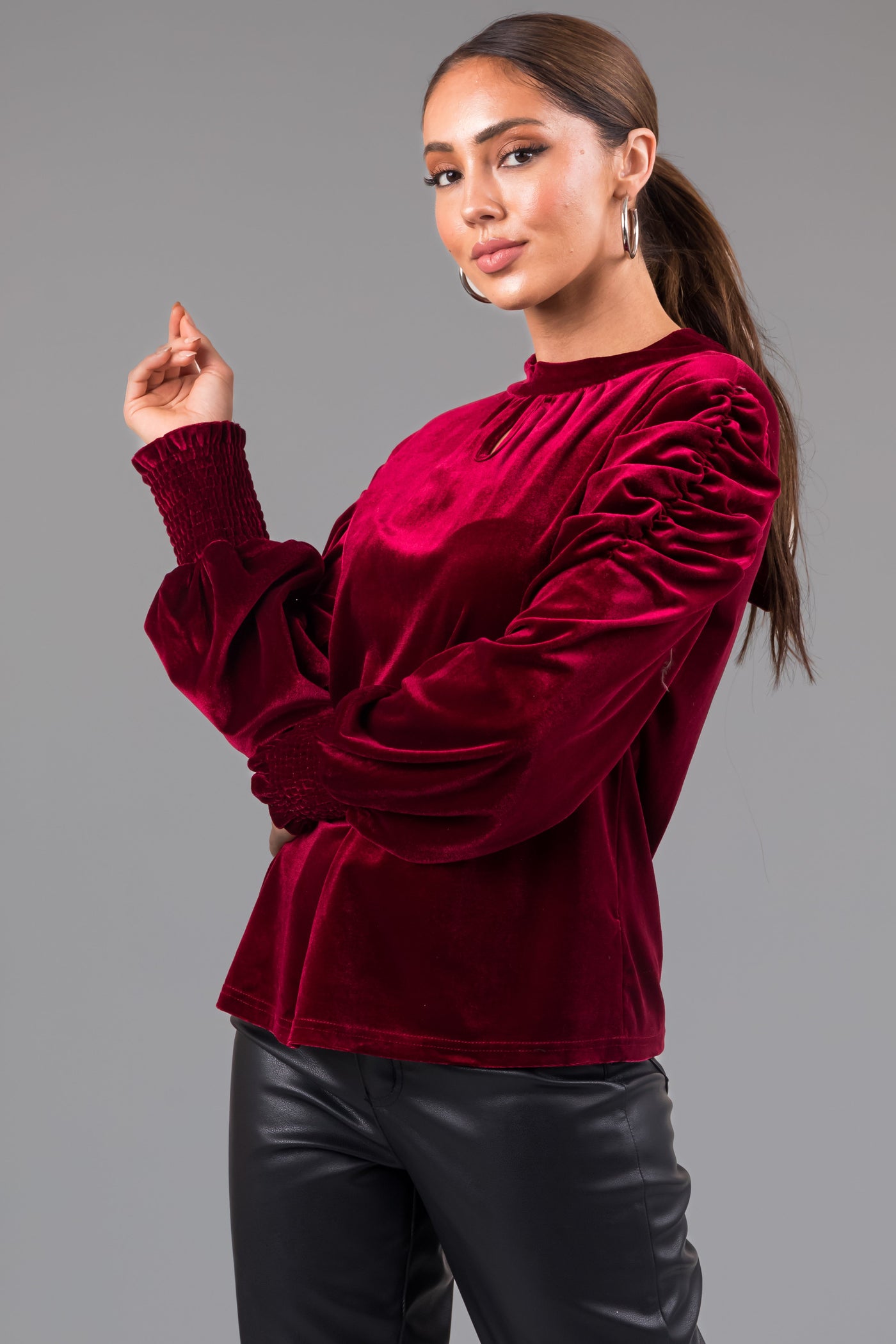 Maroon Velvet Ruched Long Sleeve Blouse