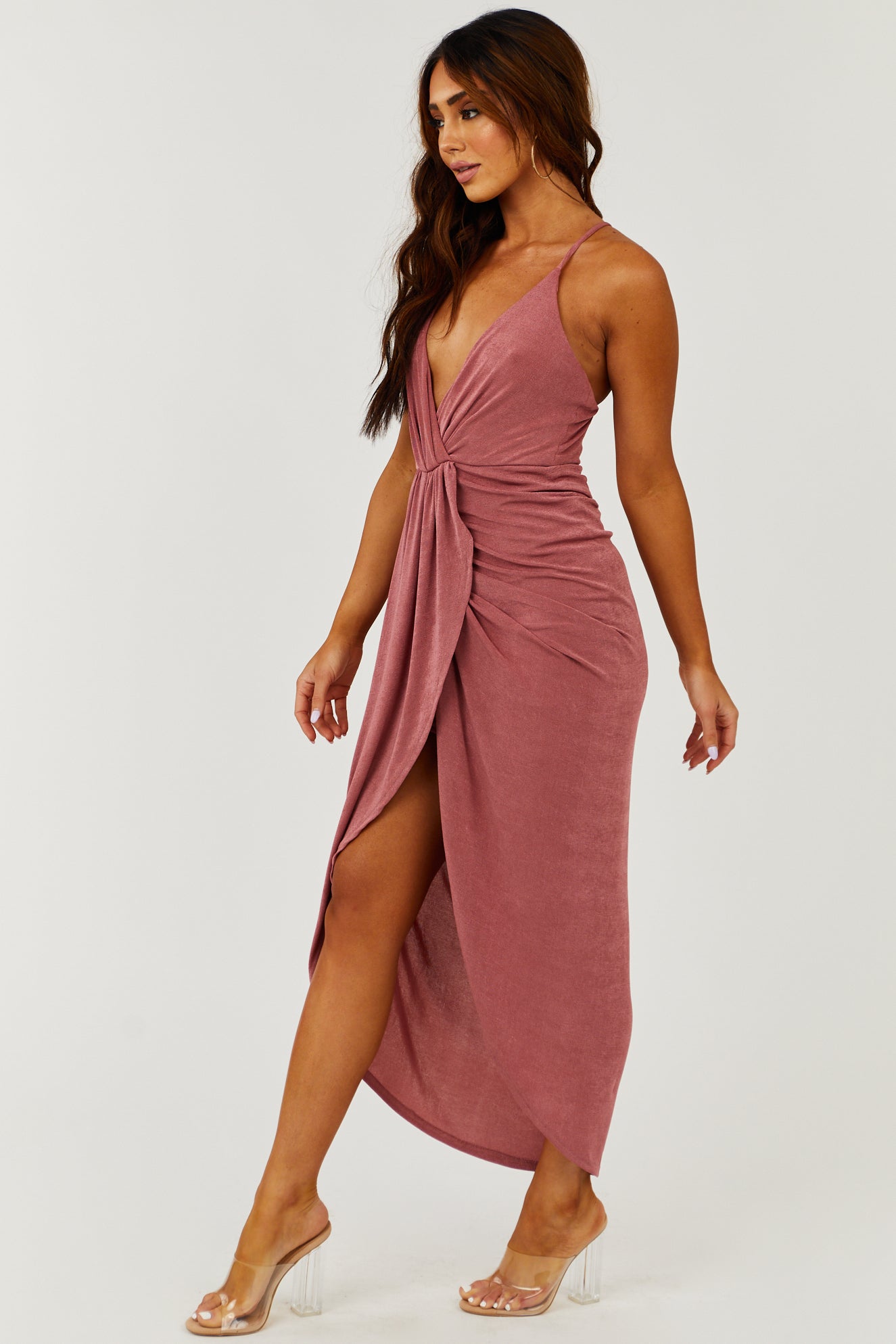 Marsala Deep V Sleeveless Draped Midi Dress