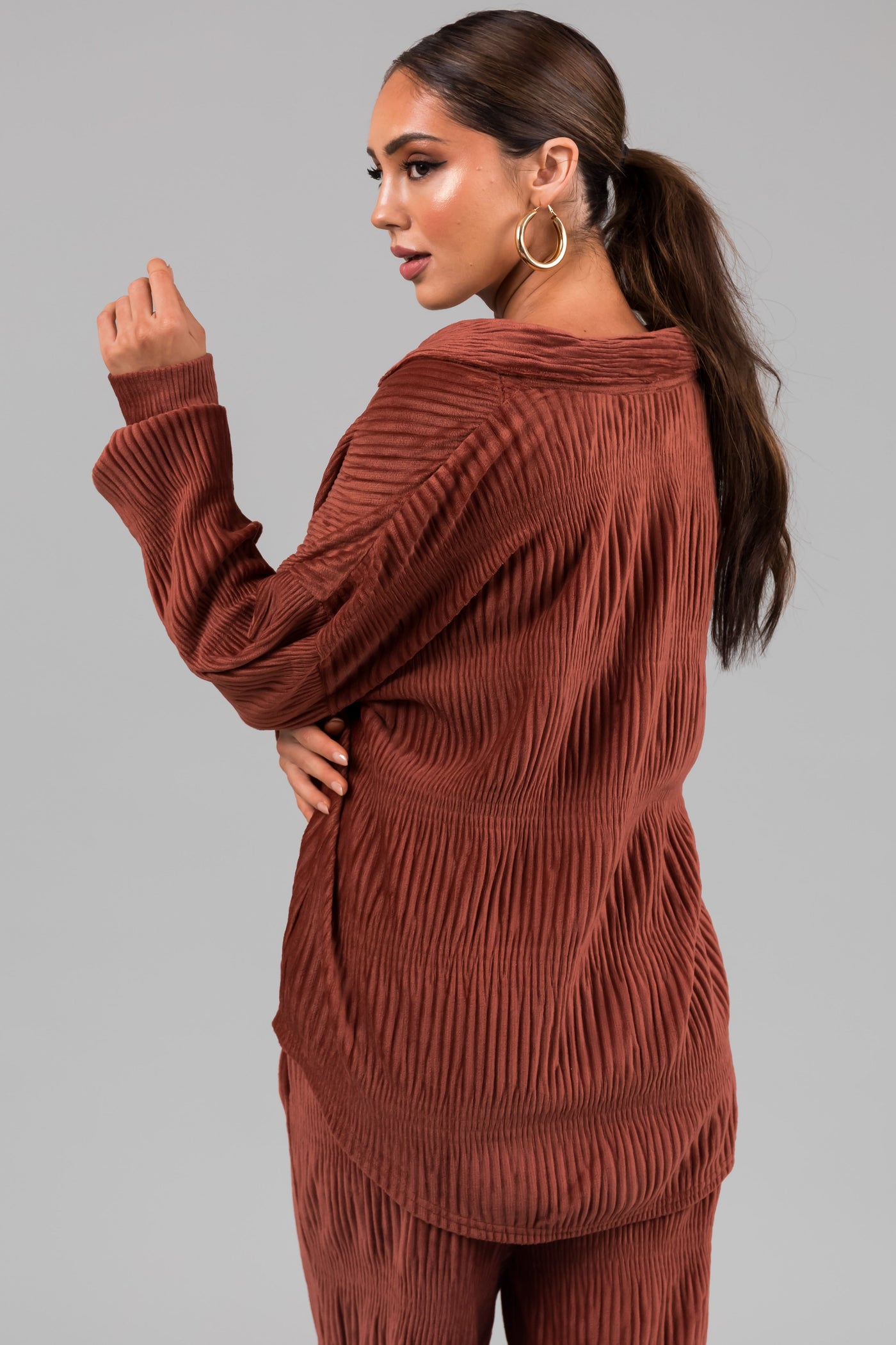 Marsala Super Soft Crinkle Velvet Button Up Top
