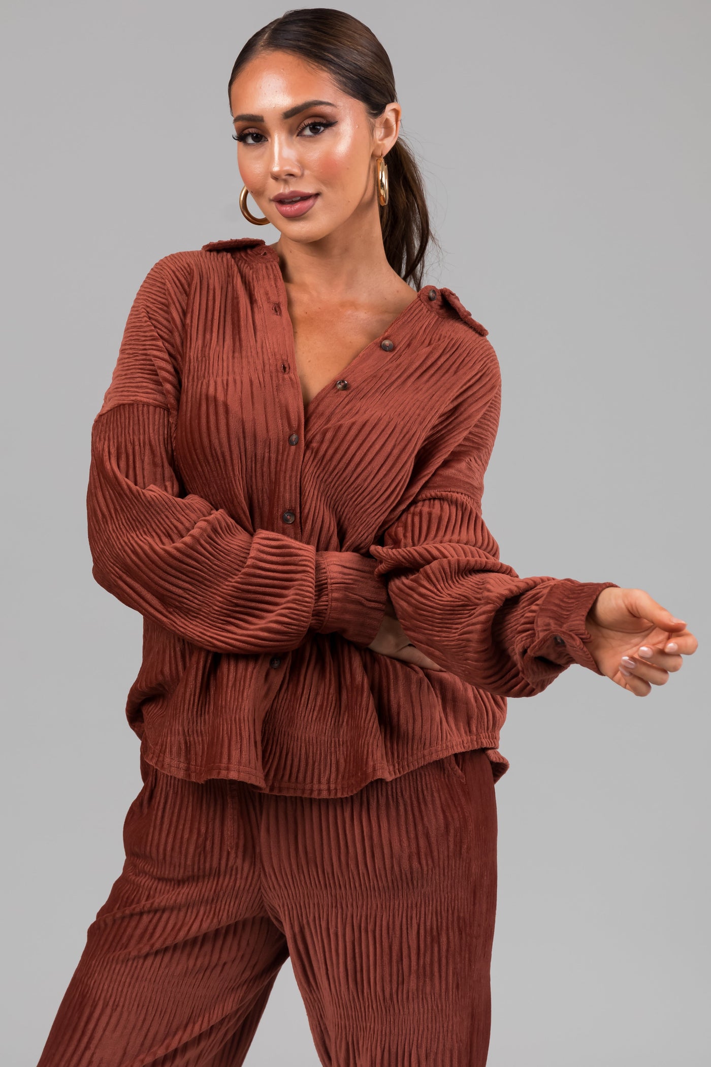 Marsala Super Soft Crinkle Velvet Button Up Top