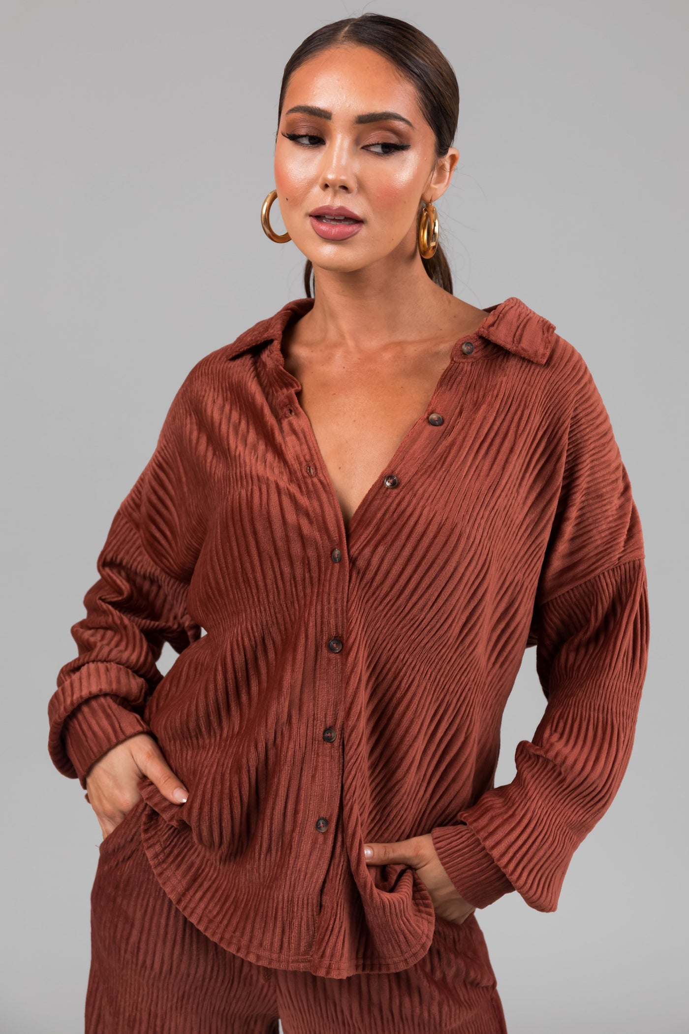 Marsala Super Soft Crinkle Velvet Button Up Top