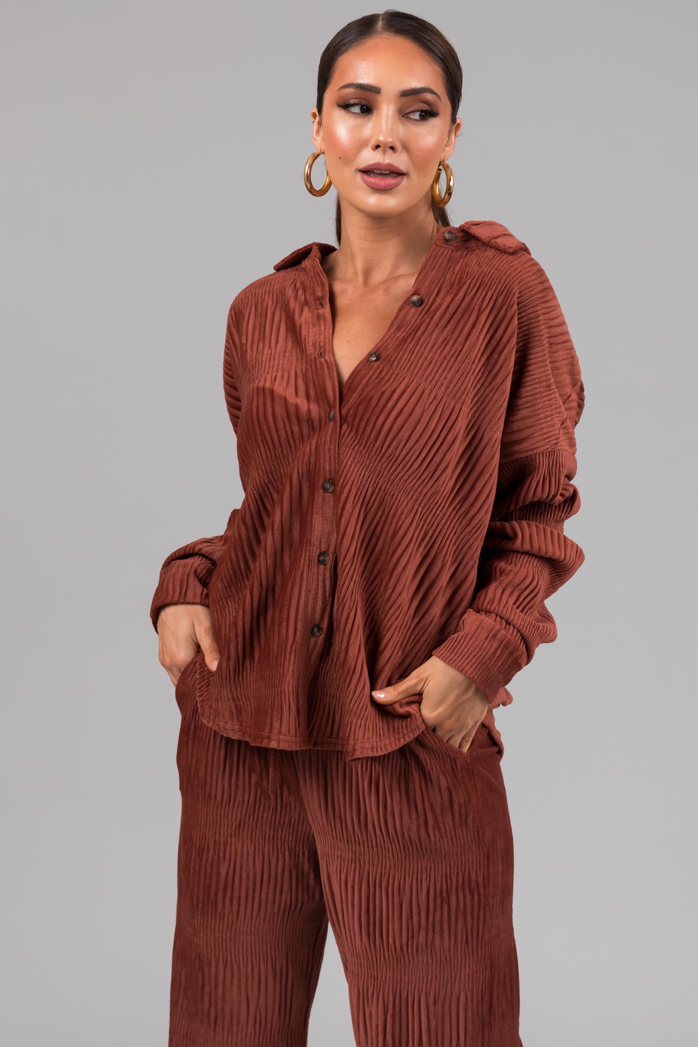 Marsala Super Soft Crinkle Velvet Button Up Top