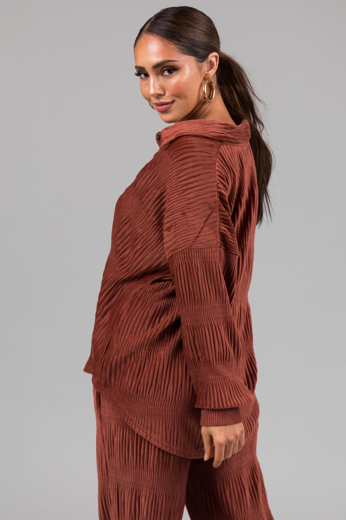 Marsala Super Soft Crinkle Velvet Button Up Top