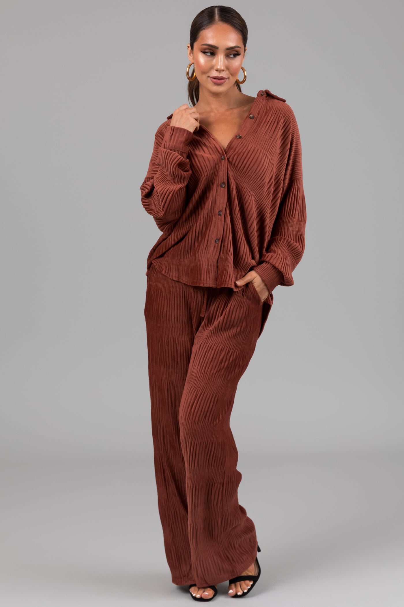 Marsala Super Soft Crinkle Velvet Wide Pants