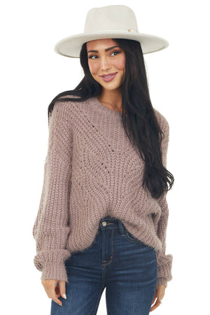 Mauve Long Sleeve Fuzzy Cable Knit Sweater