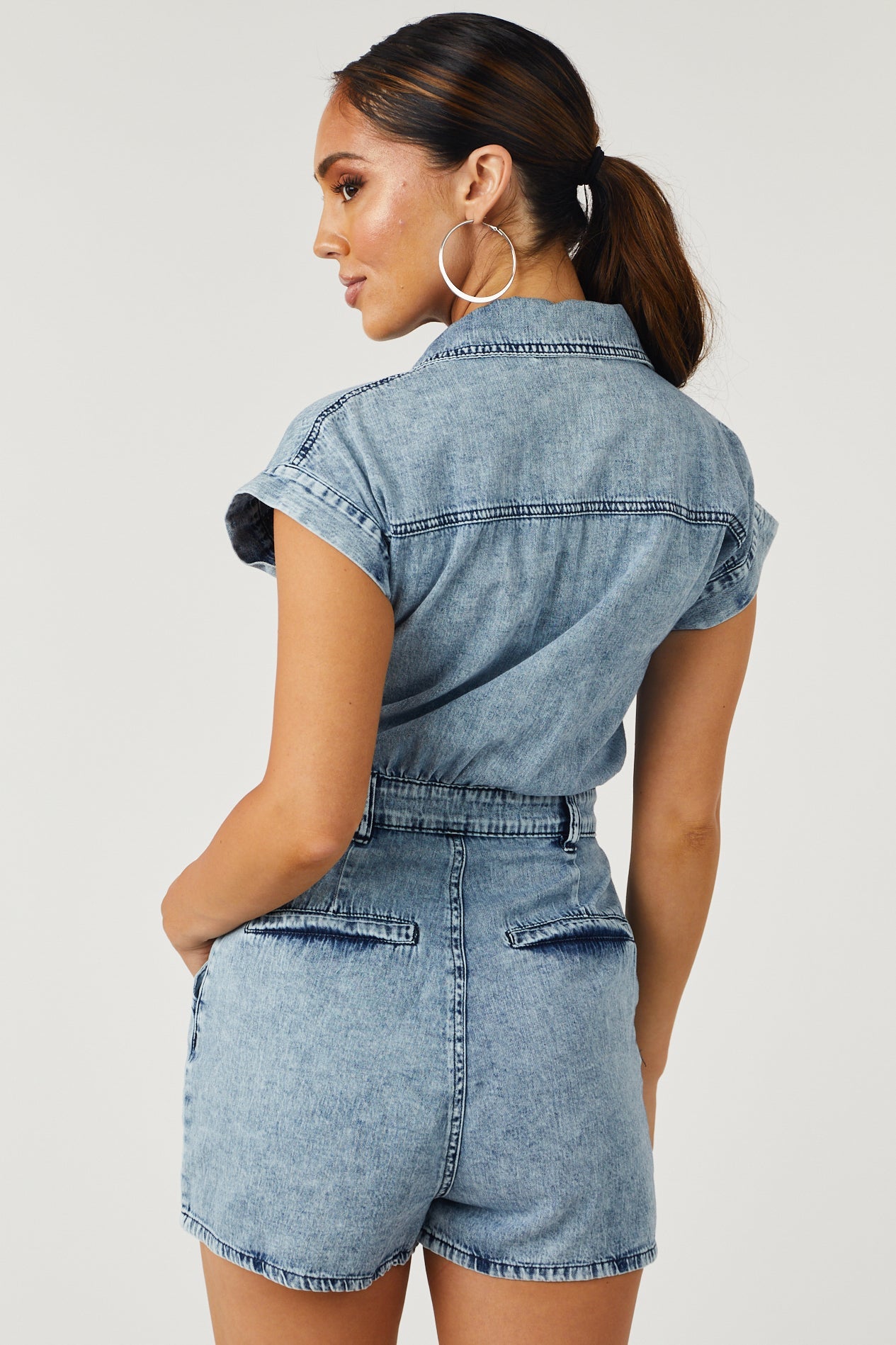 Medium Acid Wash Denim Button Down Romper