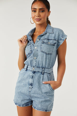 Medium Acid Wash Denim Button Down Romper