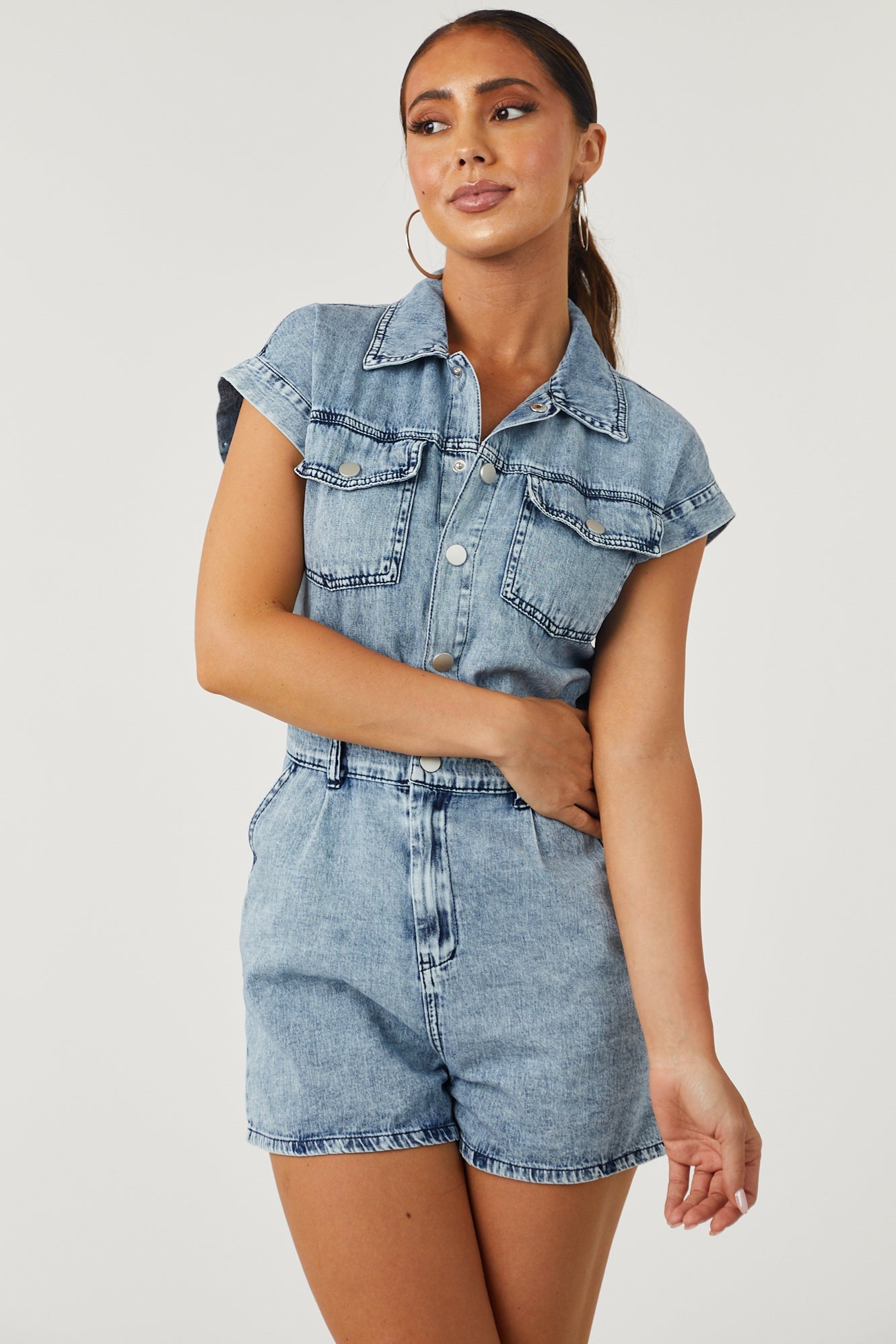 Medium Acid Wash Denim Button Down Romper