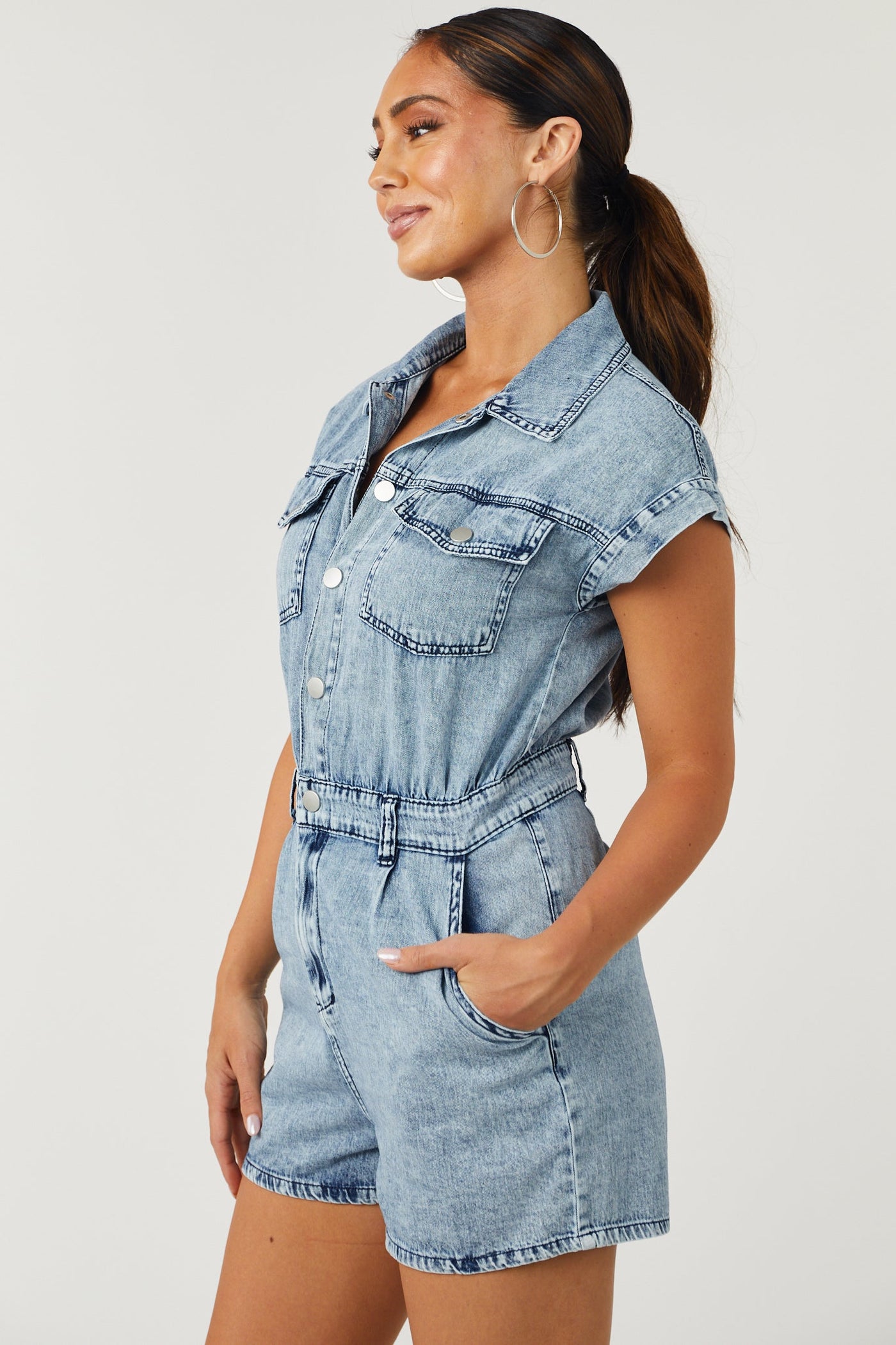 Medium Acid Wash Denim Button Down Romper