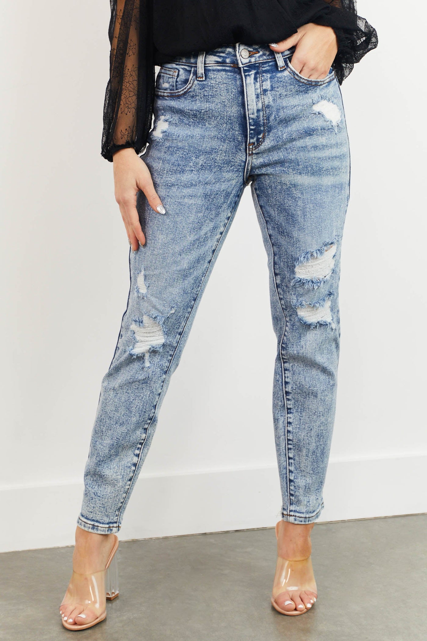 Medium Acid Wash High Rise Boyfriend Jeans