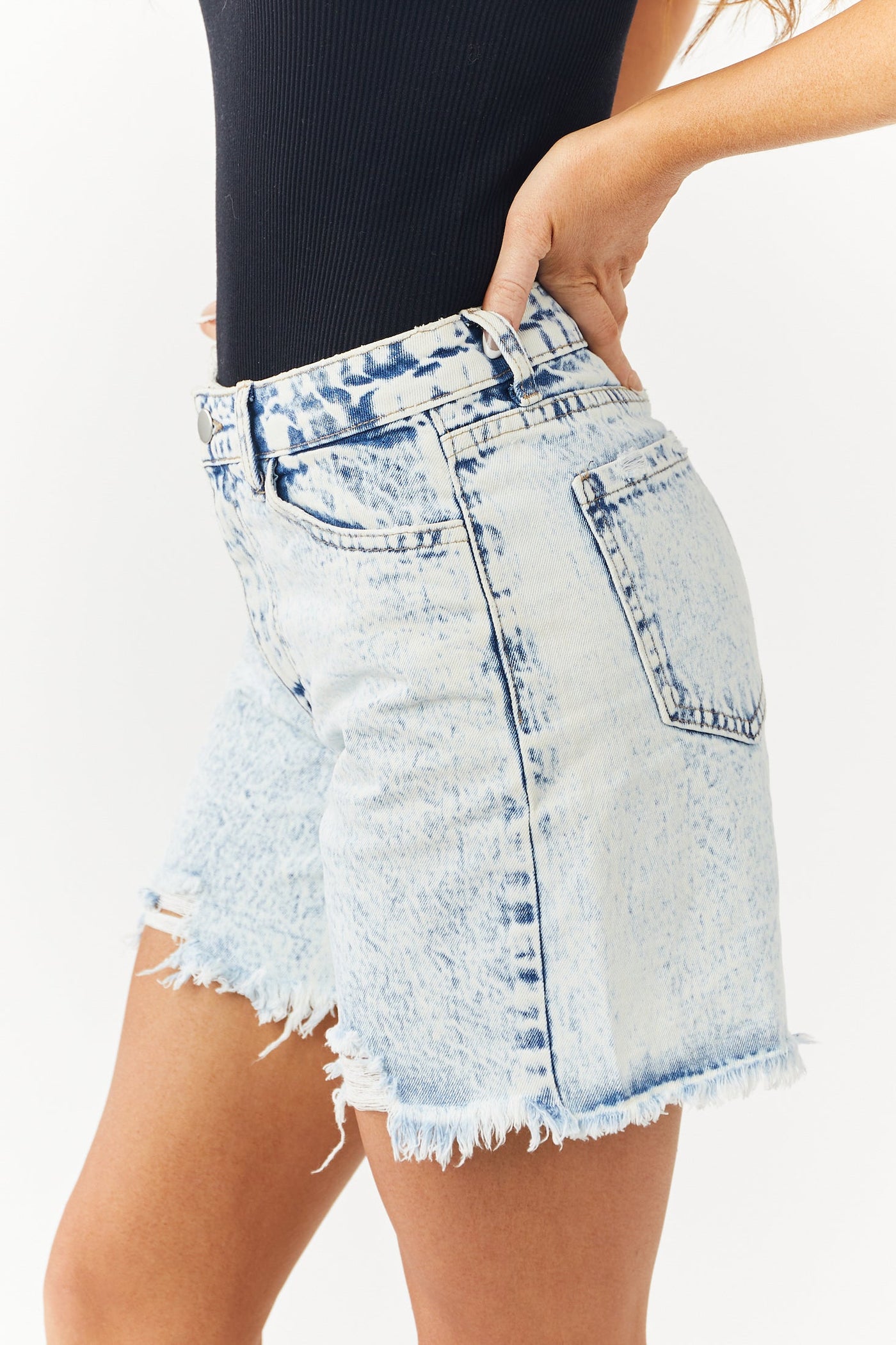 Medium Acid Wash High Rise Distressed Hem Shorts