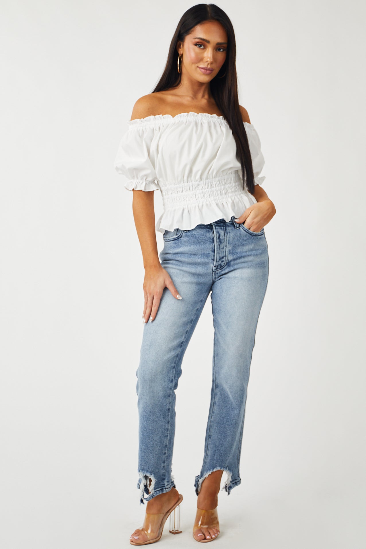 Medium Acid Wash Shark Bite Distressed Hem Jeans