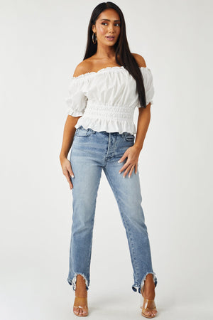 Medium Acid Wash Shark Bite Distressed Hem Jeans