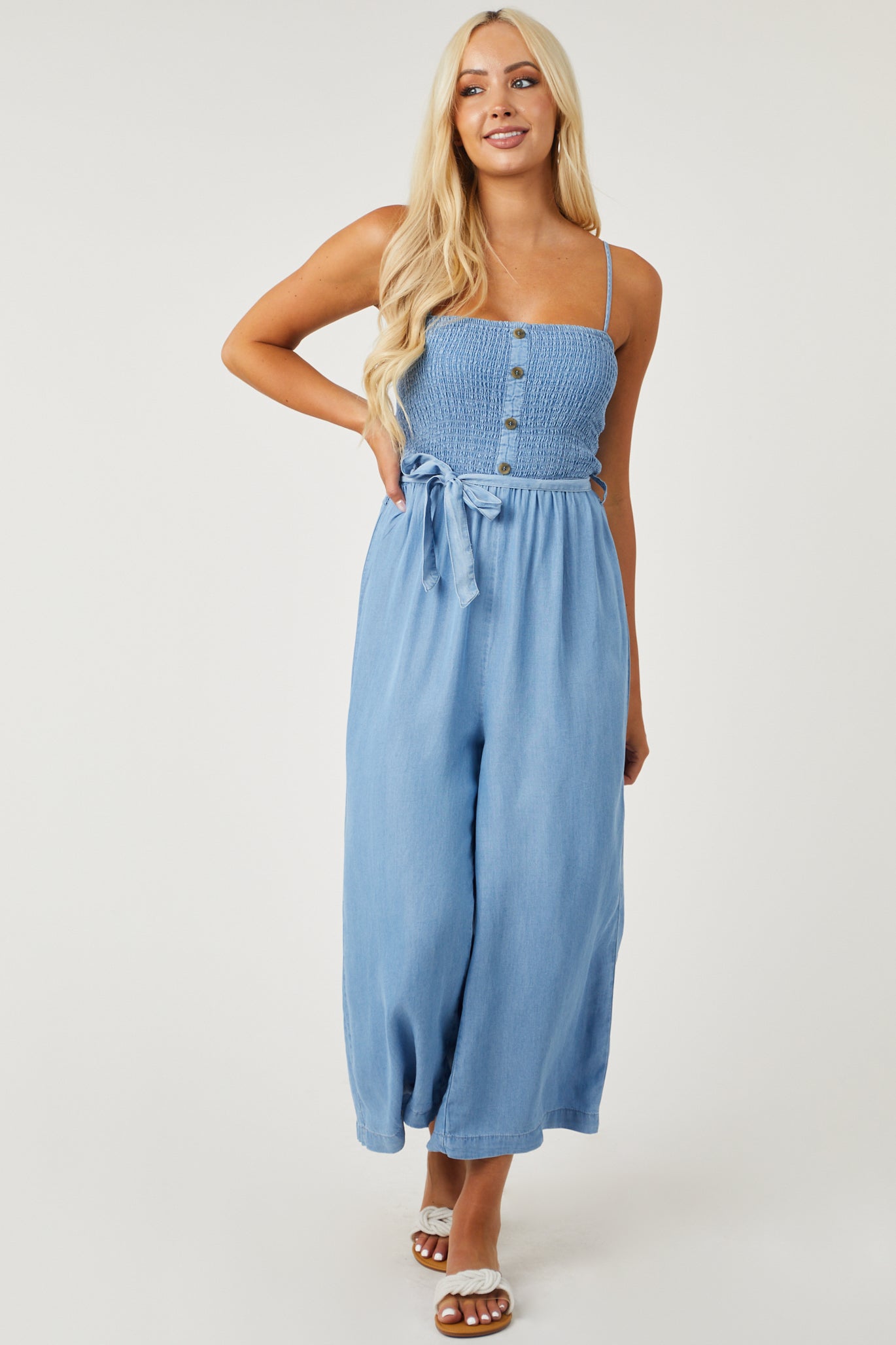Medium Chambray Smocked Wide Leg Cropped Jumpsuit