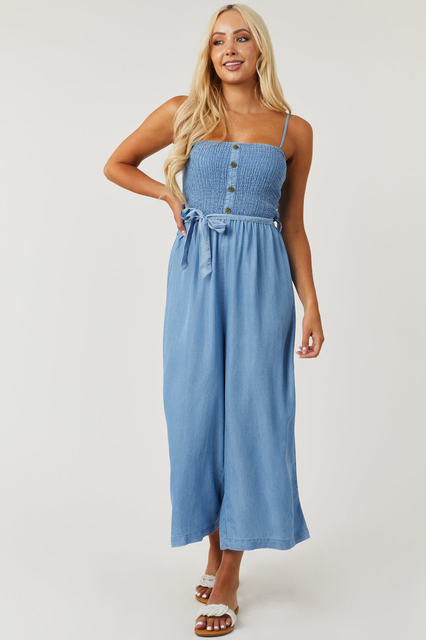Medium Chambray Smocked Wide Leg Cropped Jumpsuit