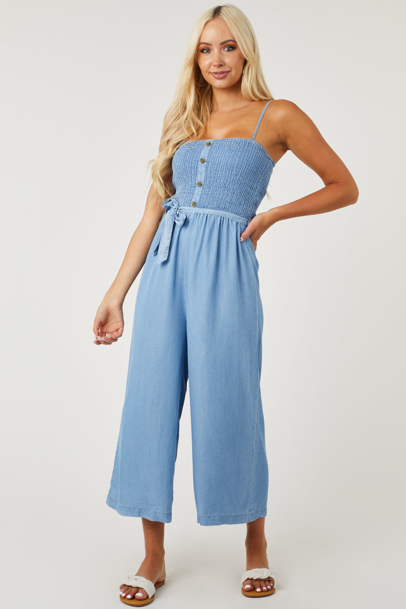 Medium Chambray Smocked Wide Leg Cropped Jumpsuit