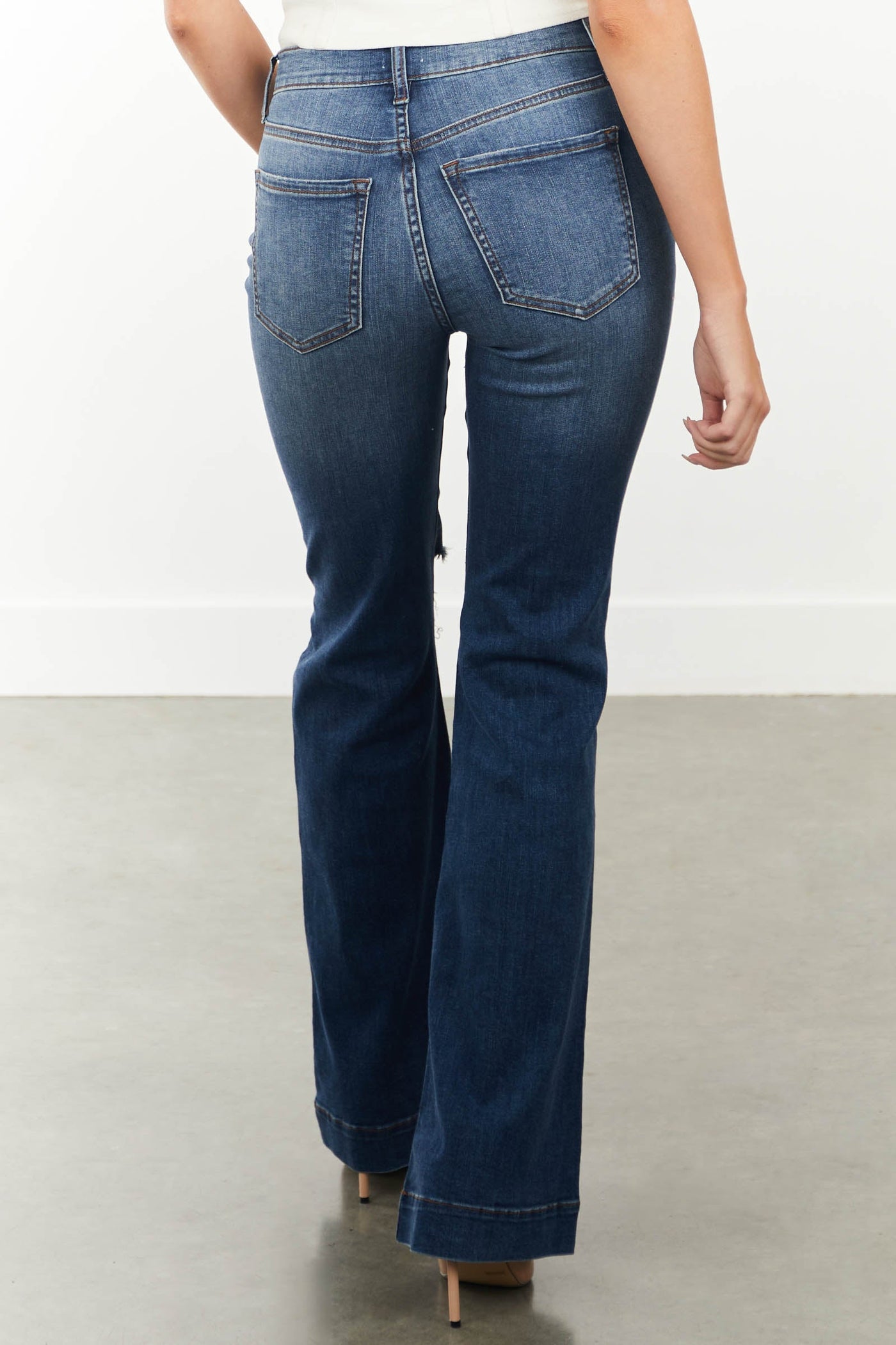 Medium Dark High Rise Destroyed Knee Flare Jeans