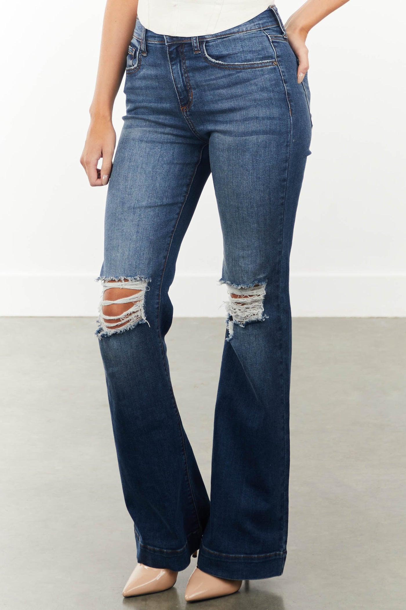 Medium Dark High Rise Destroyed Knee Flare Jeans
