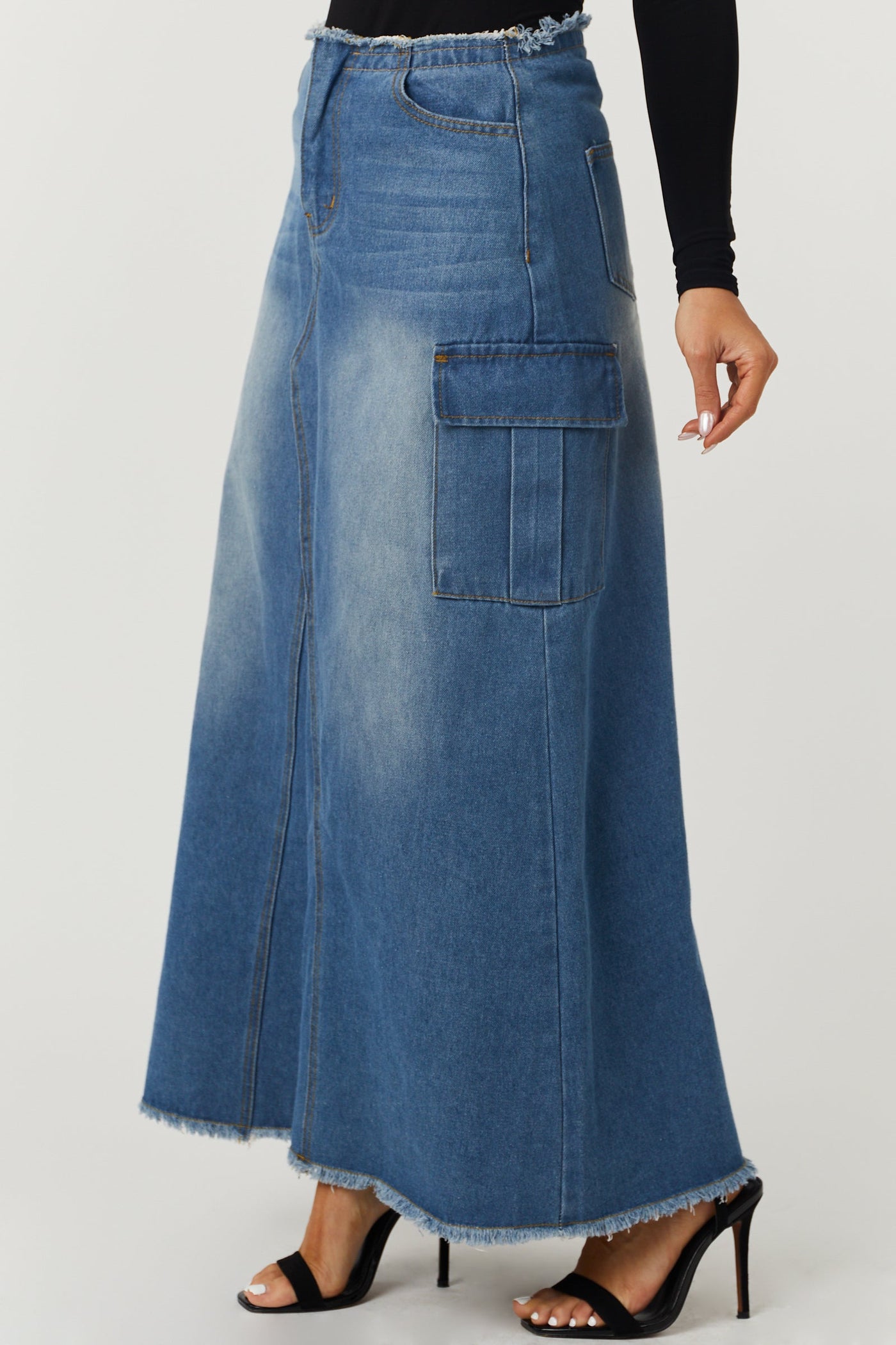 Medium Denim Cargo Pocket Frayed Maxi Skirt