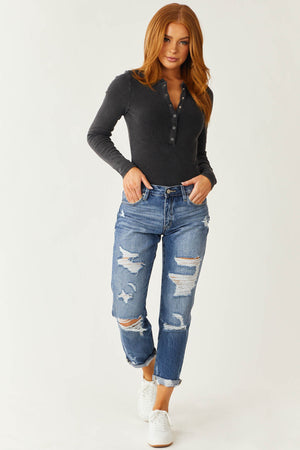 Medium High Rise Destructed Boyfriend Jeans