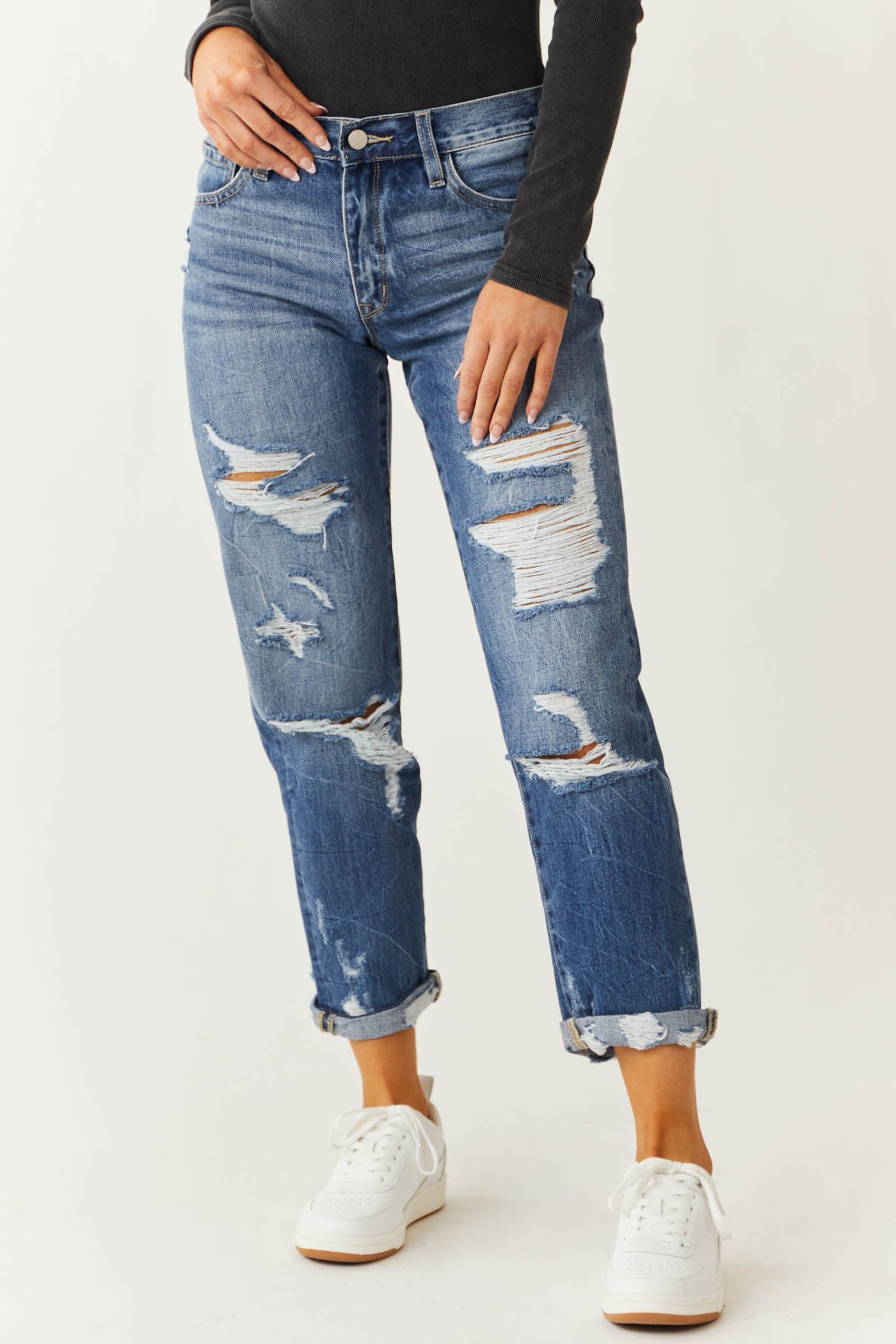Medium High Rise Destructed Boyfriend Jeans