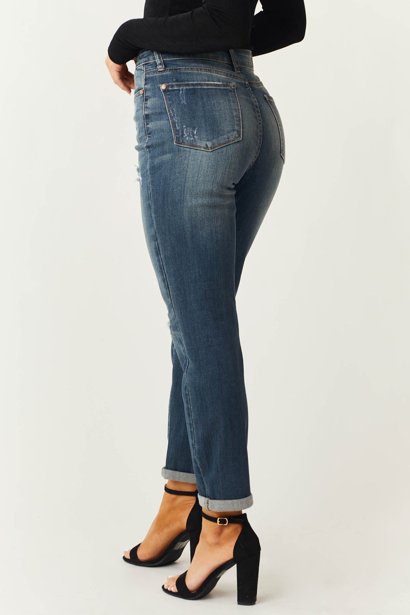 Medium High Rise Shredded Knee Boyfriend Jeans