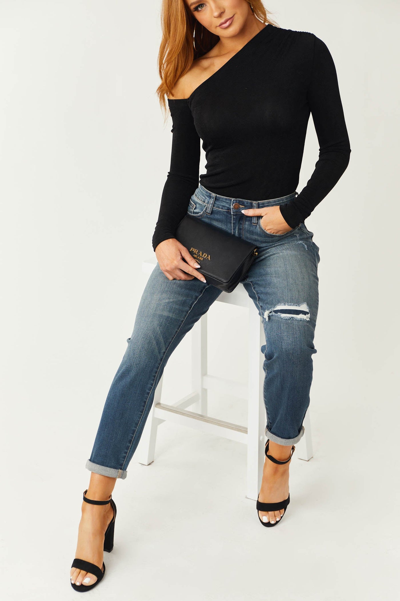 Medium High Rise Shredded Knee Boyfriend Jeans