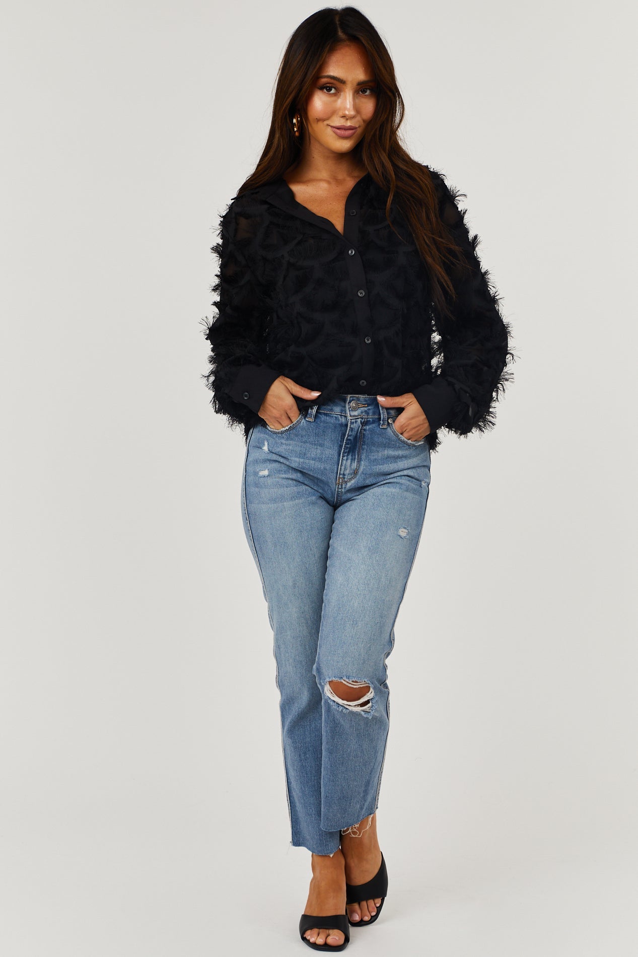 Medium High Rise Slit Knee Raw Straight Jeans