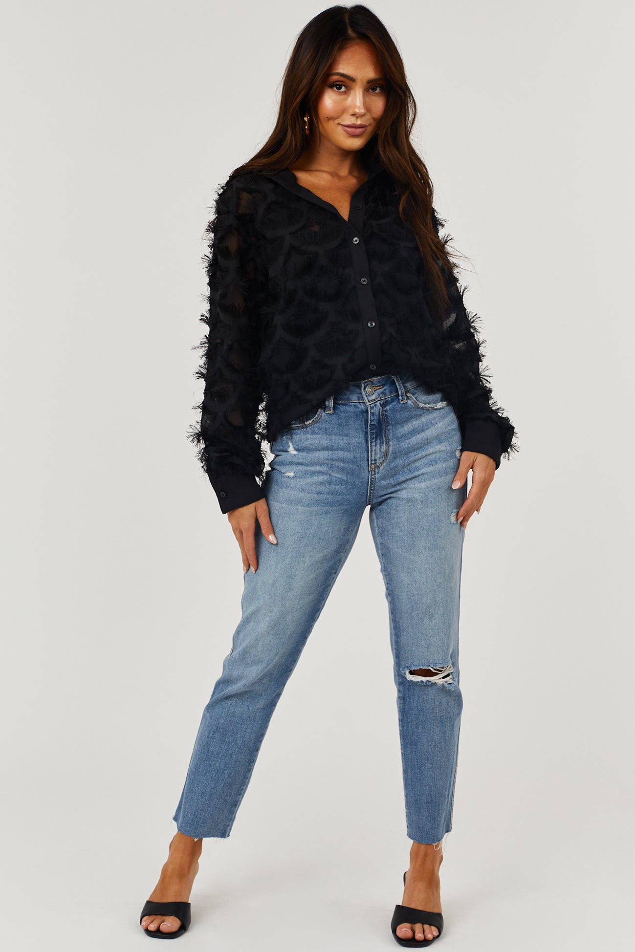 Medium High Rise Slit Knee Raw Straight Jeans