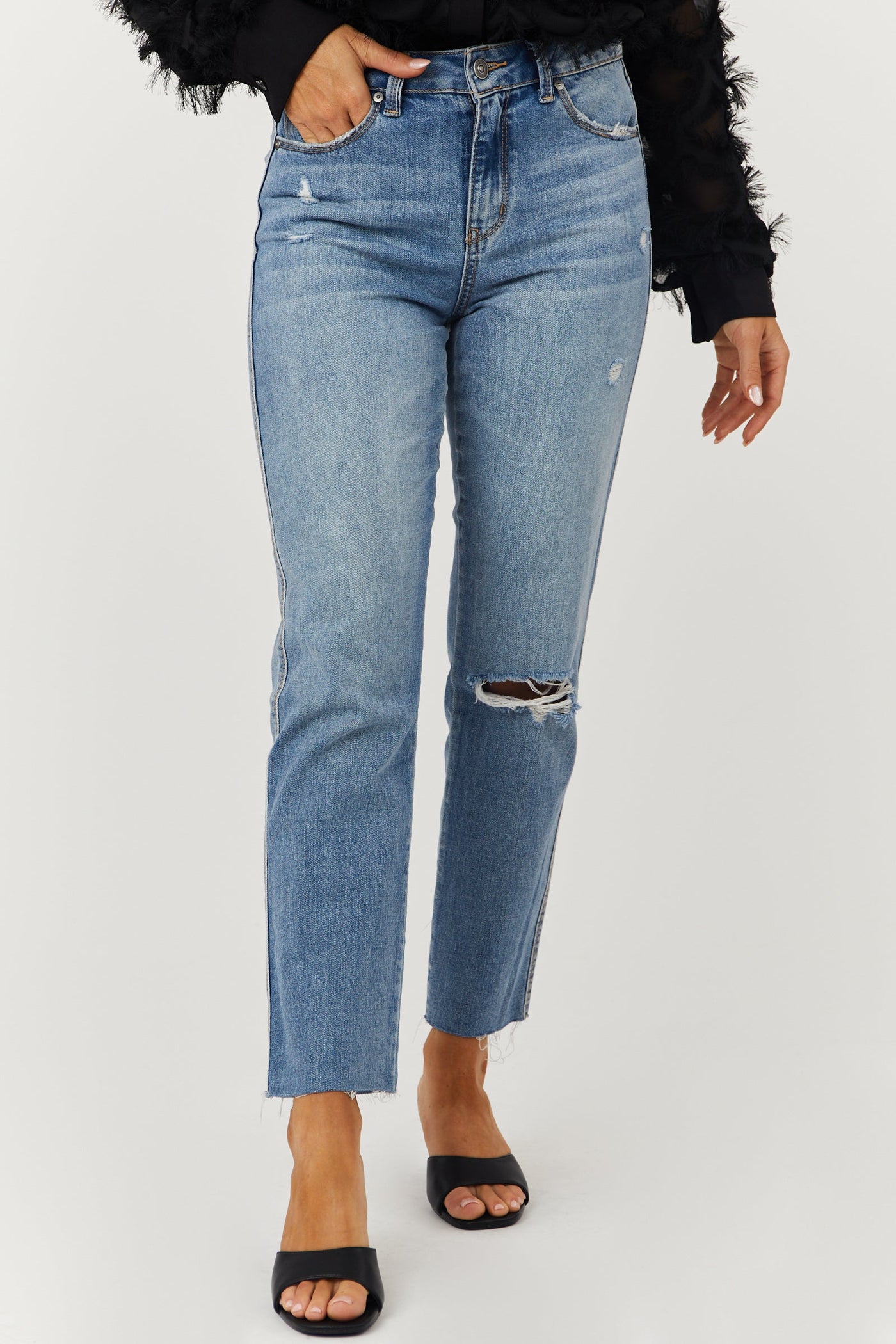 Medium High Rise Slit Knee Raw Straight Jeans