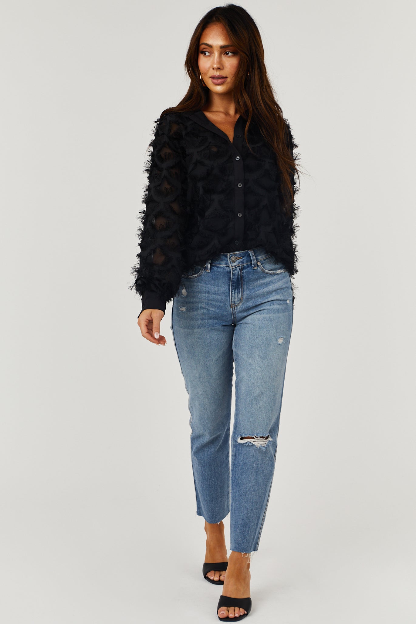 Medium High Rise Slit Knee Raw Straight Jeans