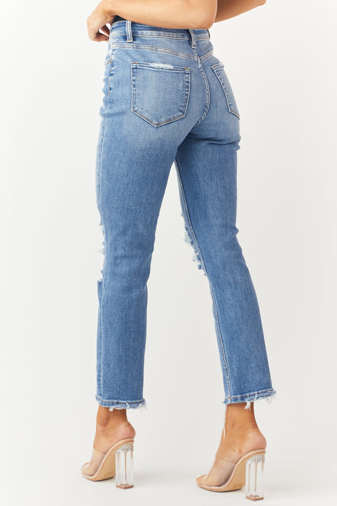 Medium Wash Criss Cross Waist Boyfriend Jeans