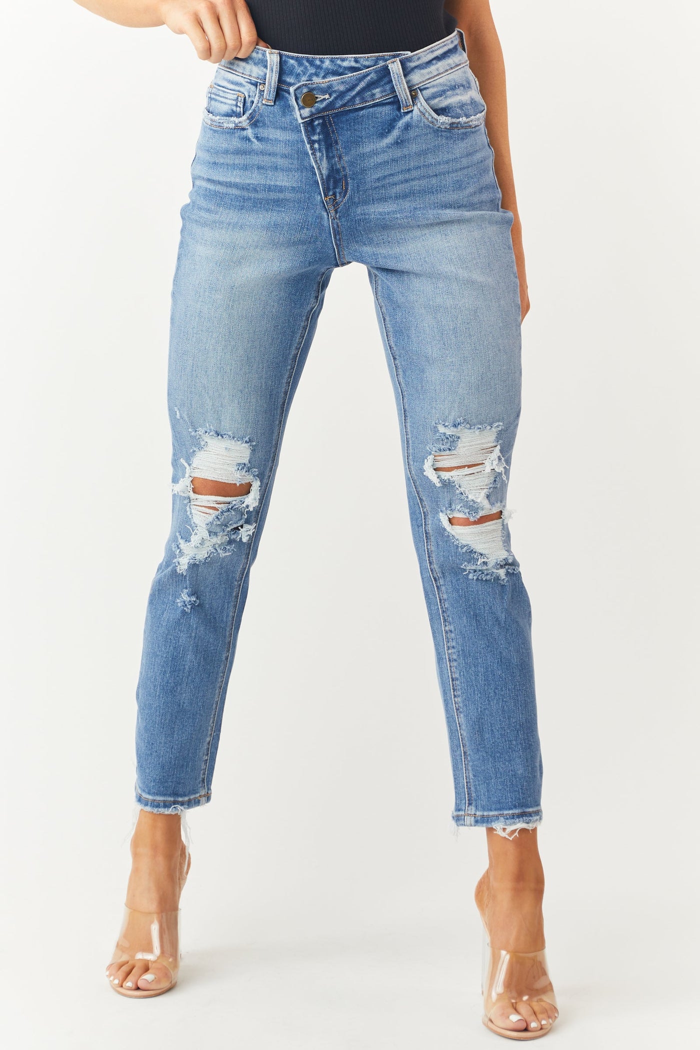 Medium Wash Criss Cross Waist Boyfriend Jeans