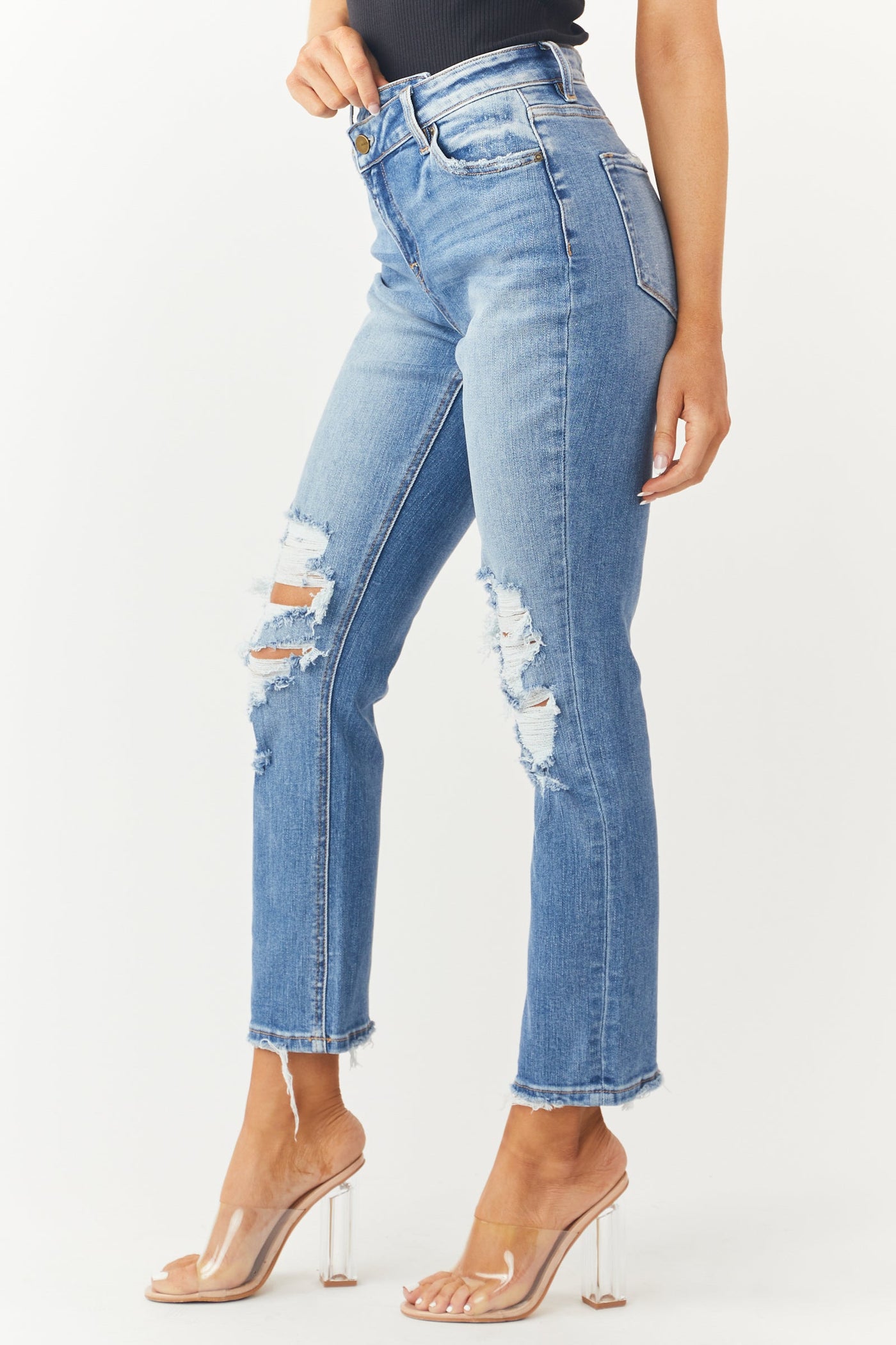 Medium Wash Criss Cross Waist Boyfriend Jeans