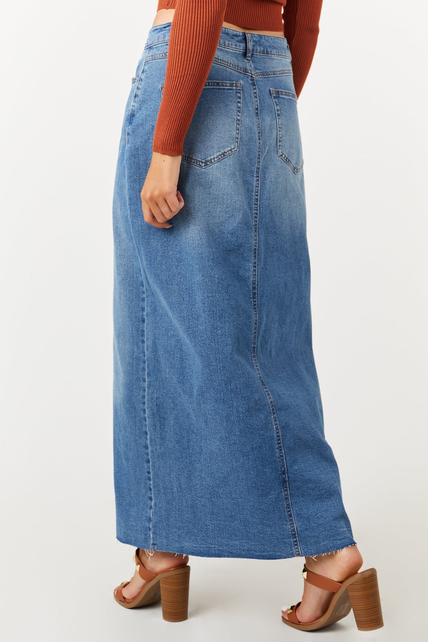 Medium Wash Denim Front Slit Maxi Skirt