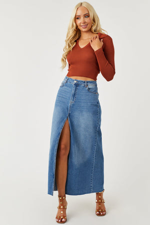 Medium Wash Denim Front Slit Maxi Skirt