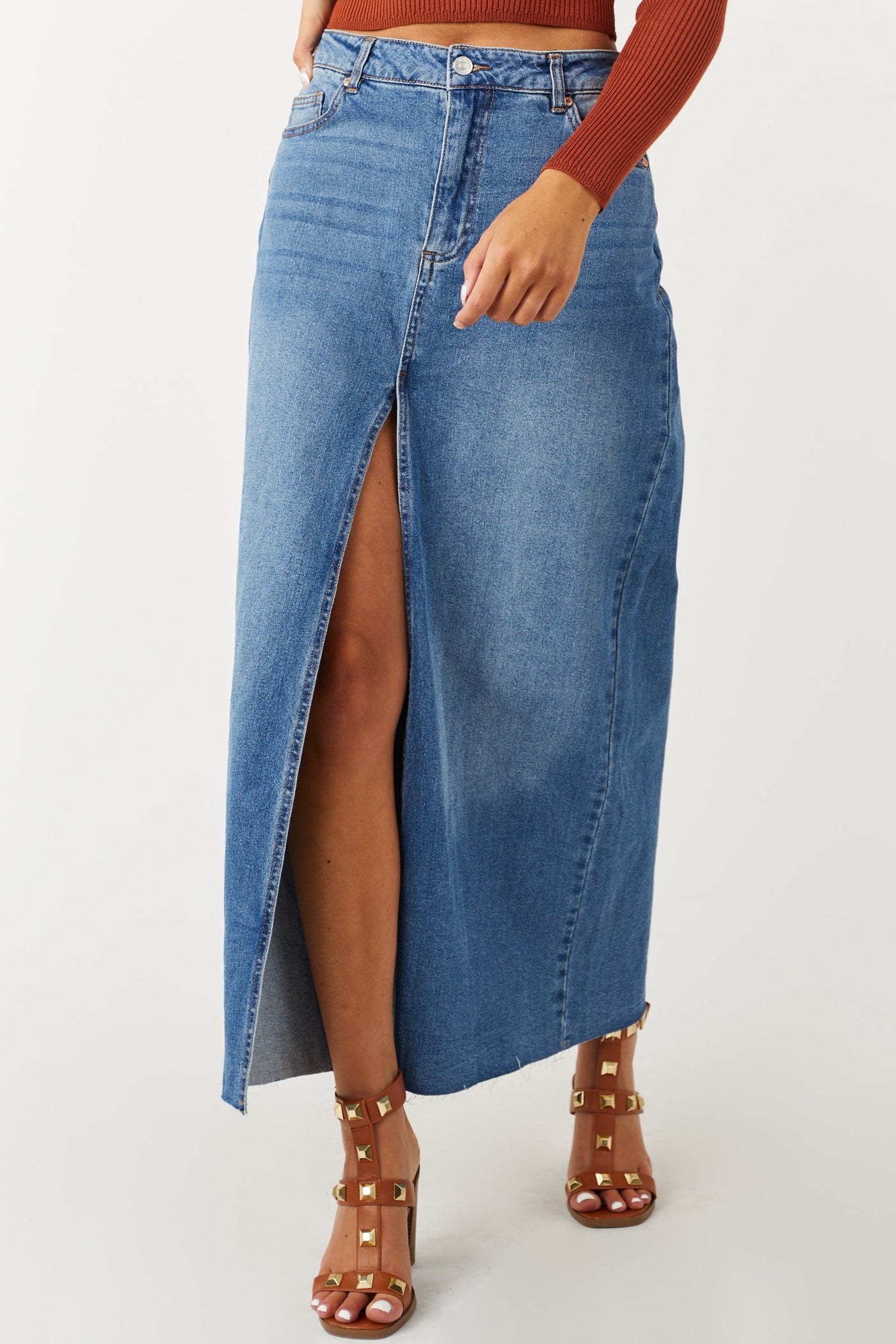 Medium Wash Denim Front Slit Maxi Skirt